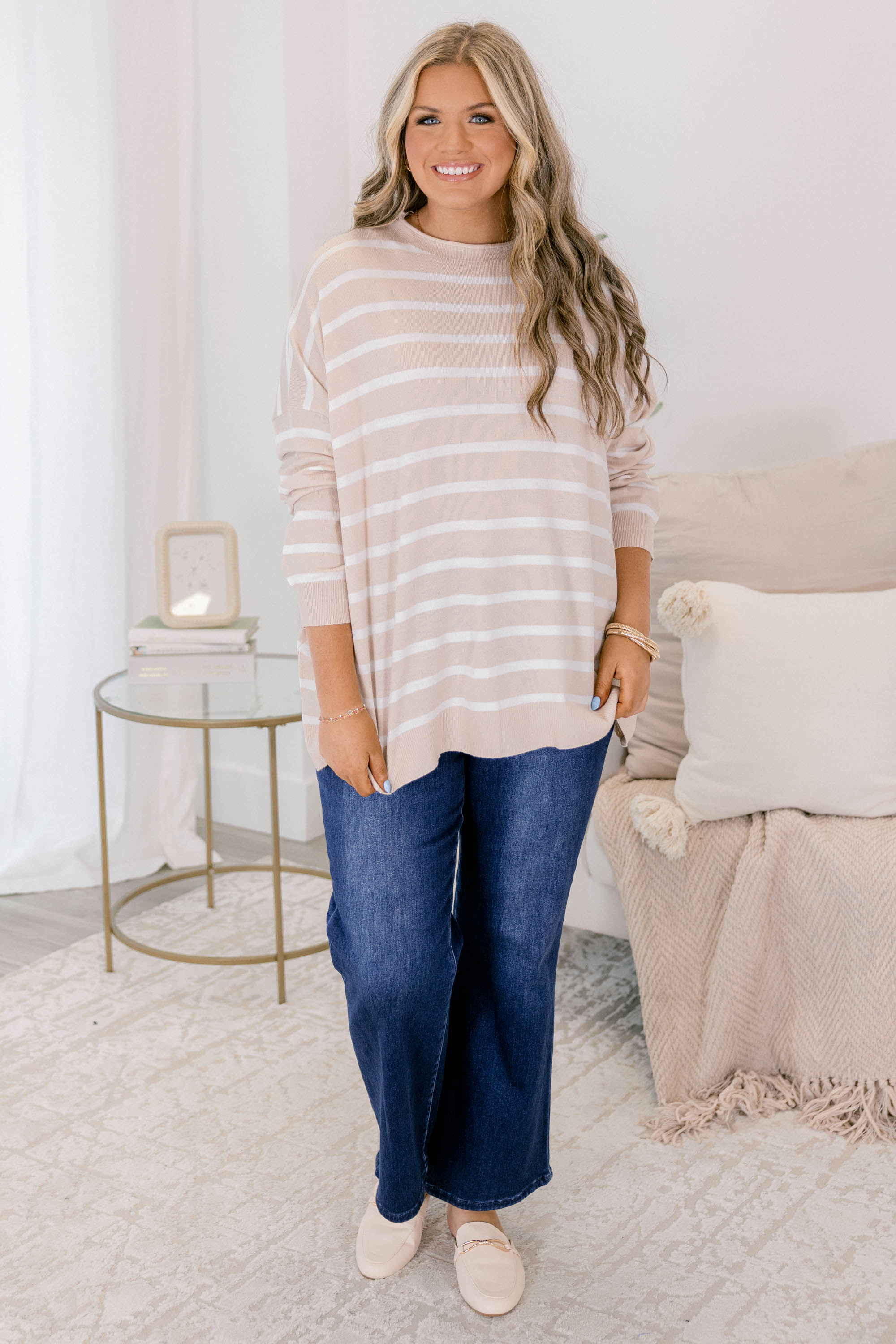 Perfect Timing Sweater, Sand-White