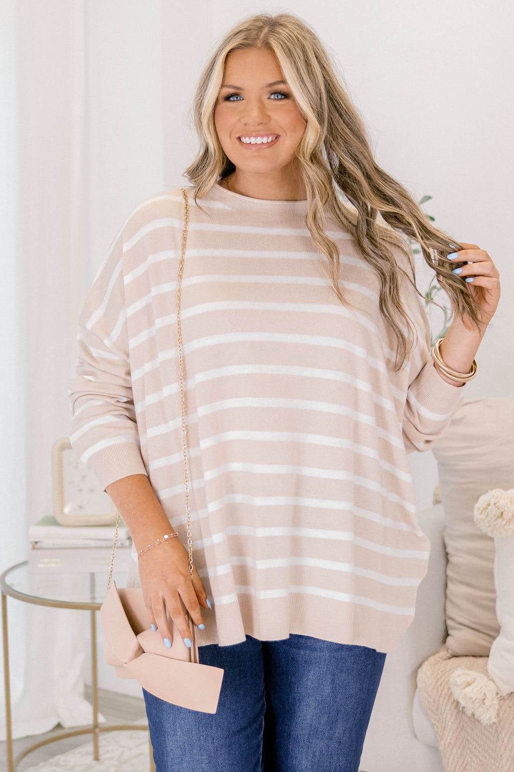 Perfect Timing Sweater, Sand-White