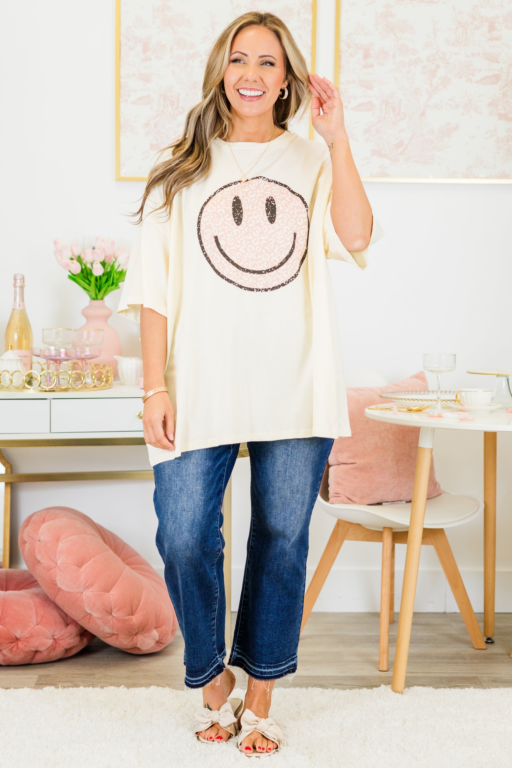 Pink Cheetah Boyfriend Tee, Ivory