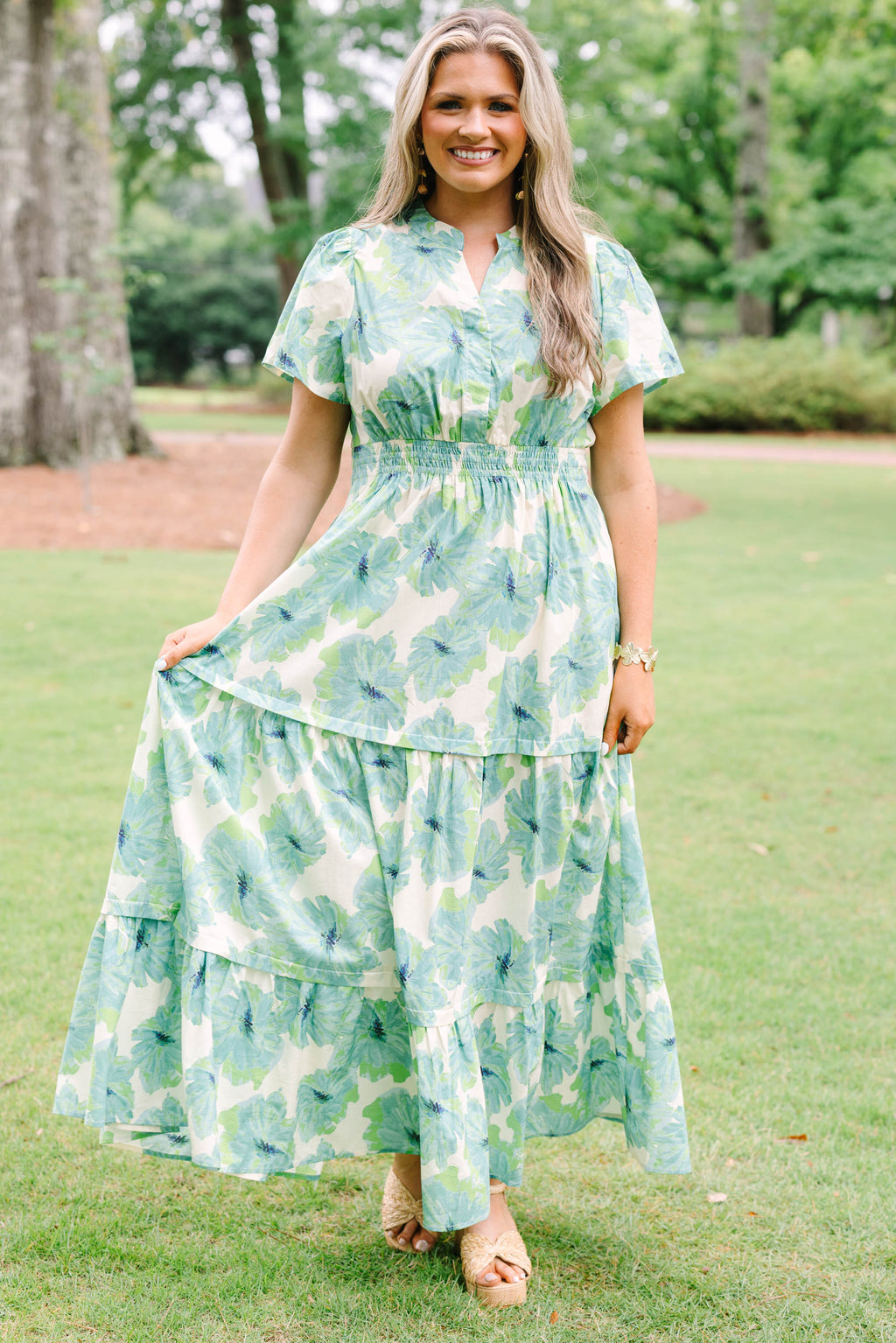 Pleated Petal Maxi Dress, Green