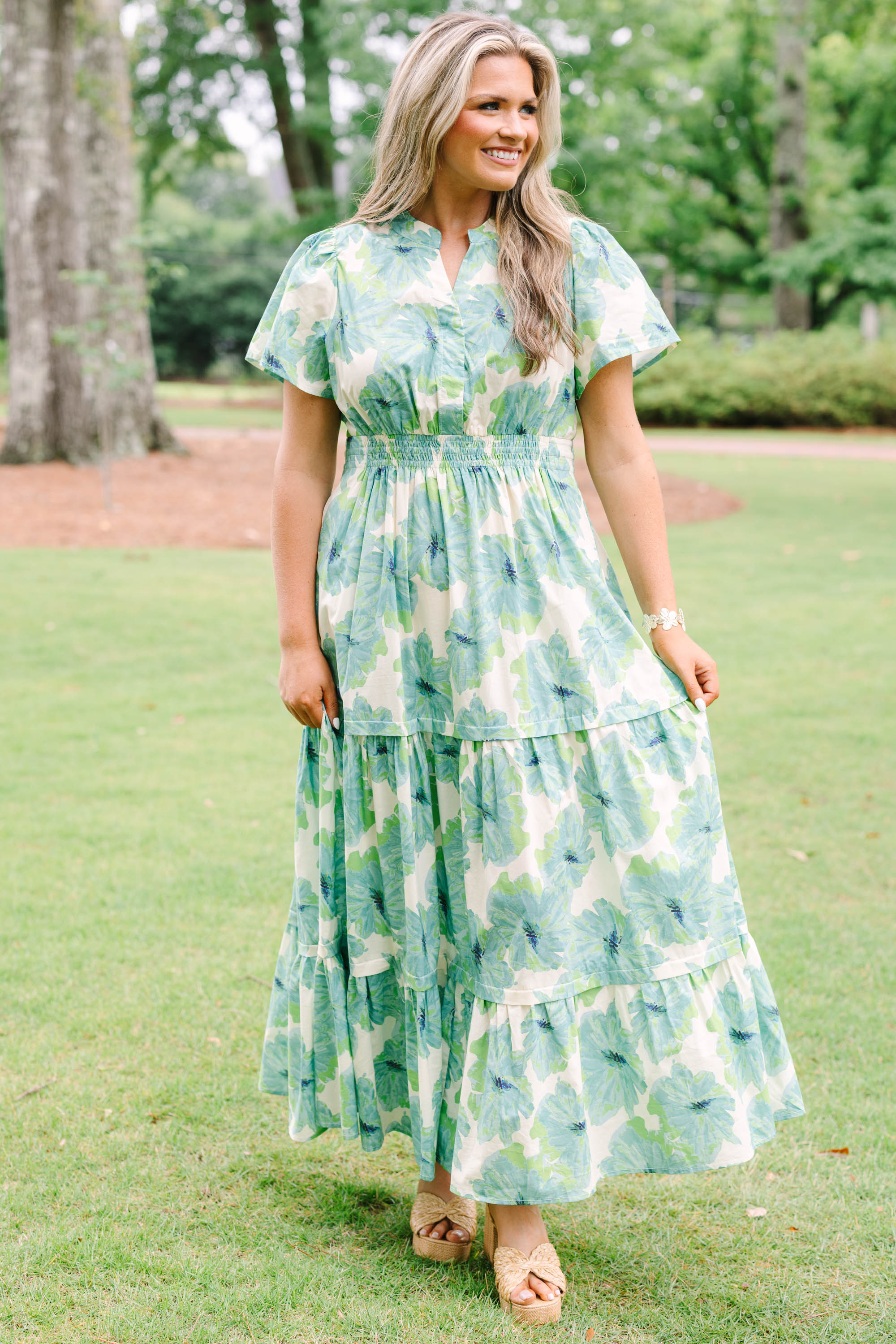 Pleated Petal Maxi Dress, Green