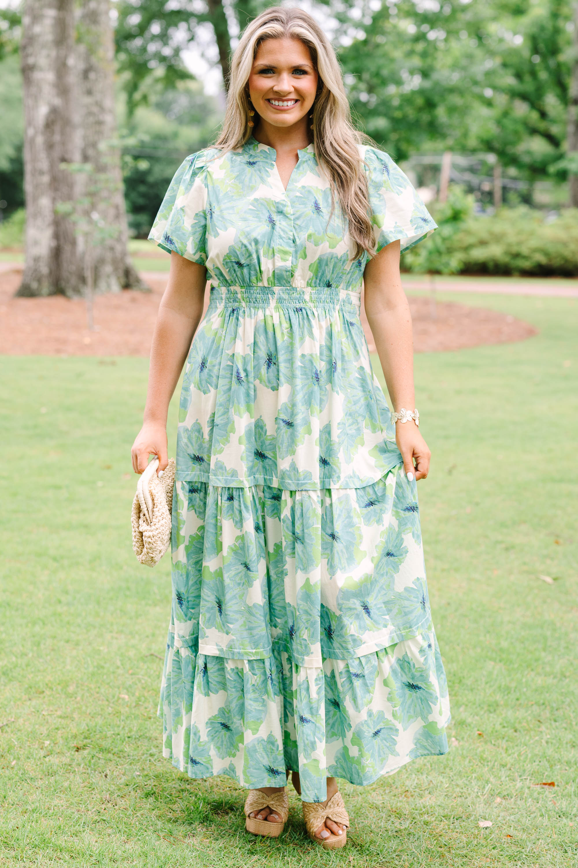 Pleated Petal Maxi Dress, Green