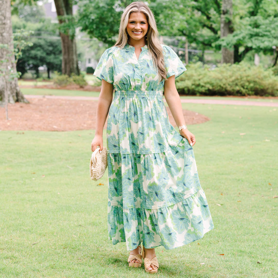Pleated Petal Maxi Dress, Green