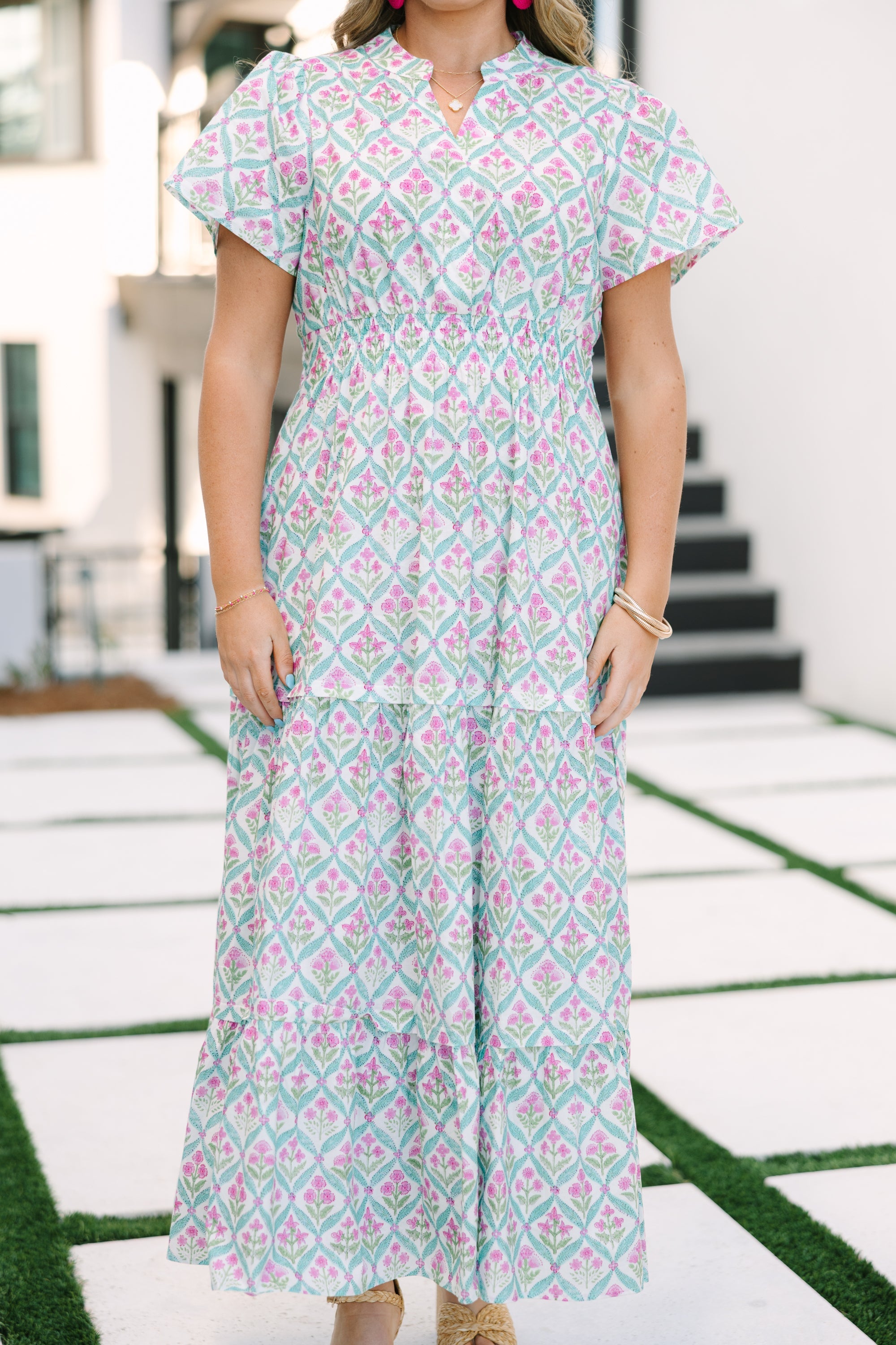Pleated Petal Maxi Dress, Pink-Green