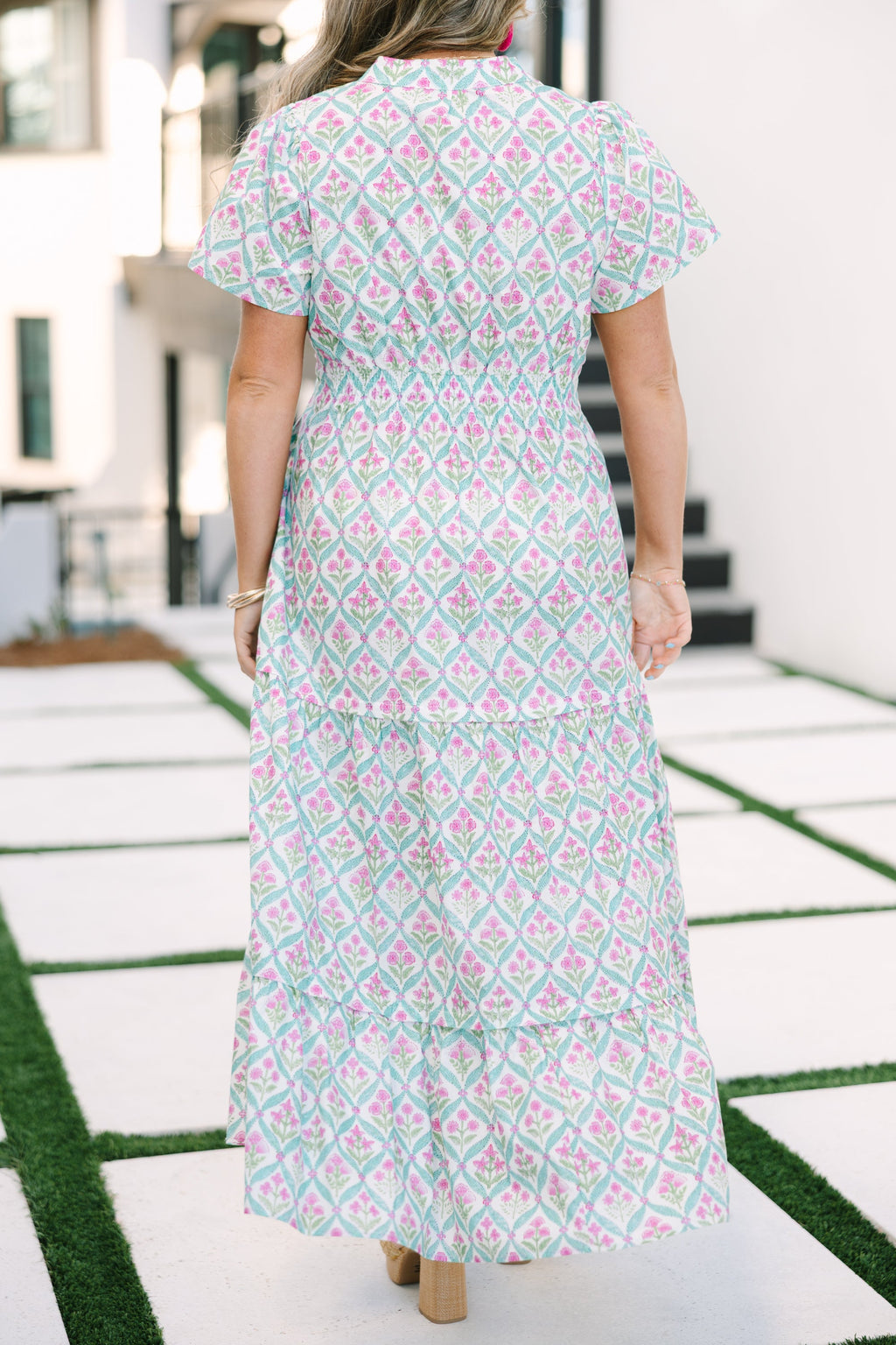 Pleated Petal Maxi Dress, Pink-Green