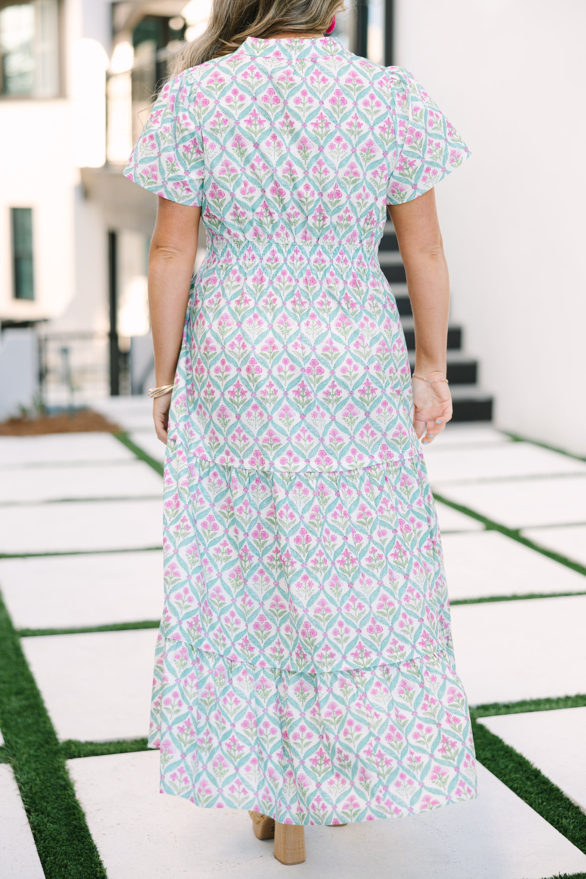 Pleated Petal Maxi Dress, Pink-Green