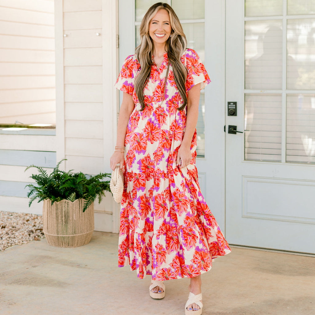Pleated Petal Maxi Dress, Pink