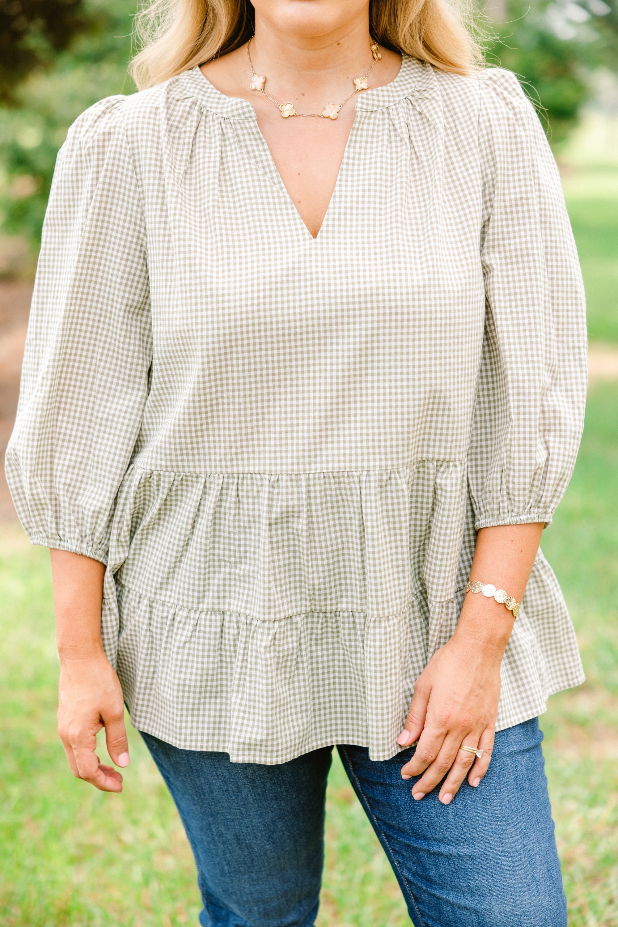Pretty And Polished Top, Green Gingham