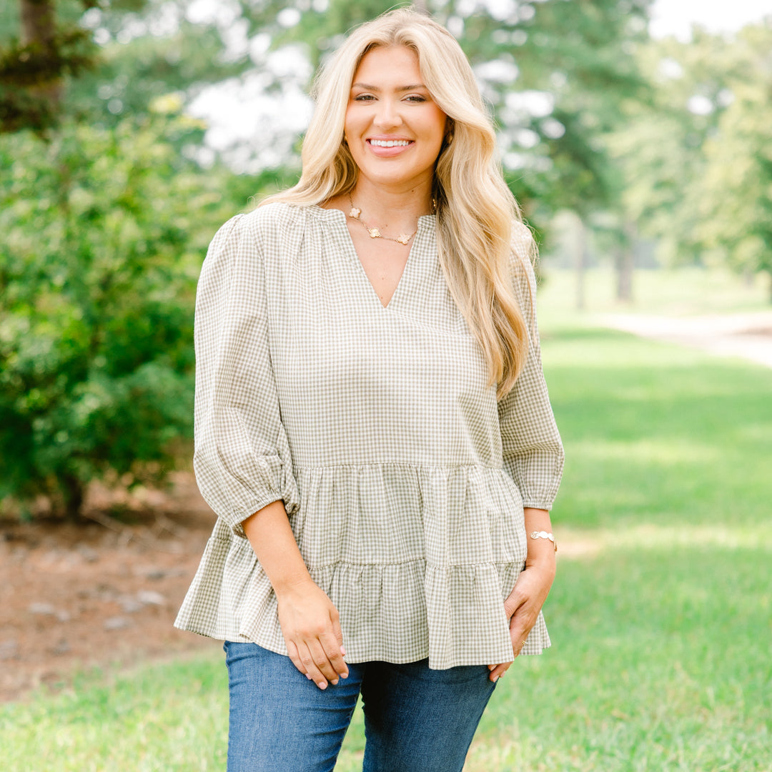 Pretty And Polished Top, Green Gingham