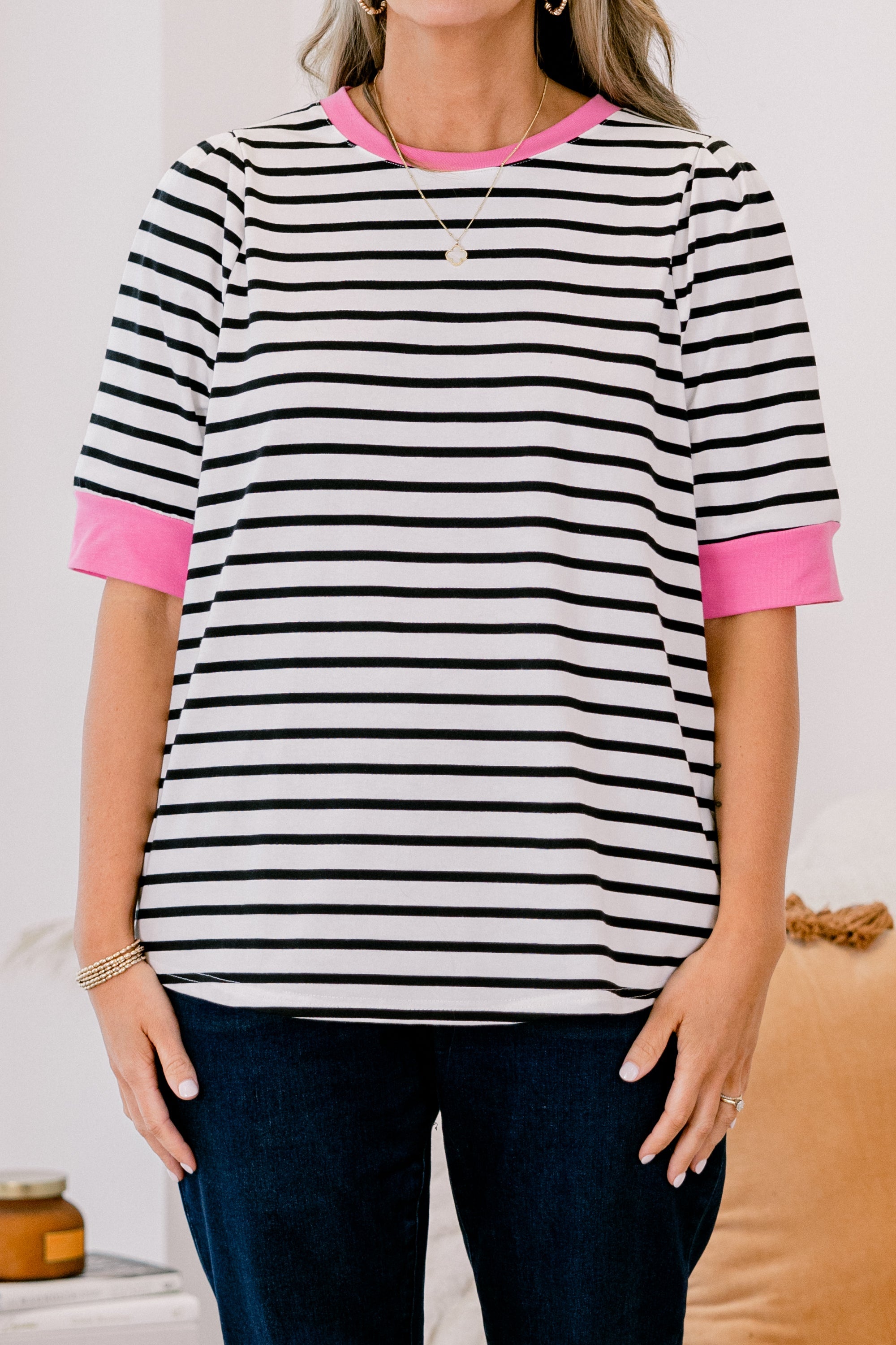 Signature Stripes Top, Black-Pink