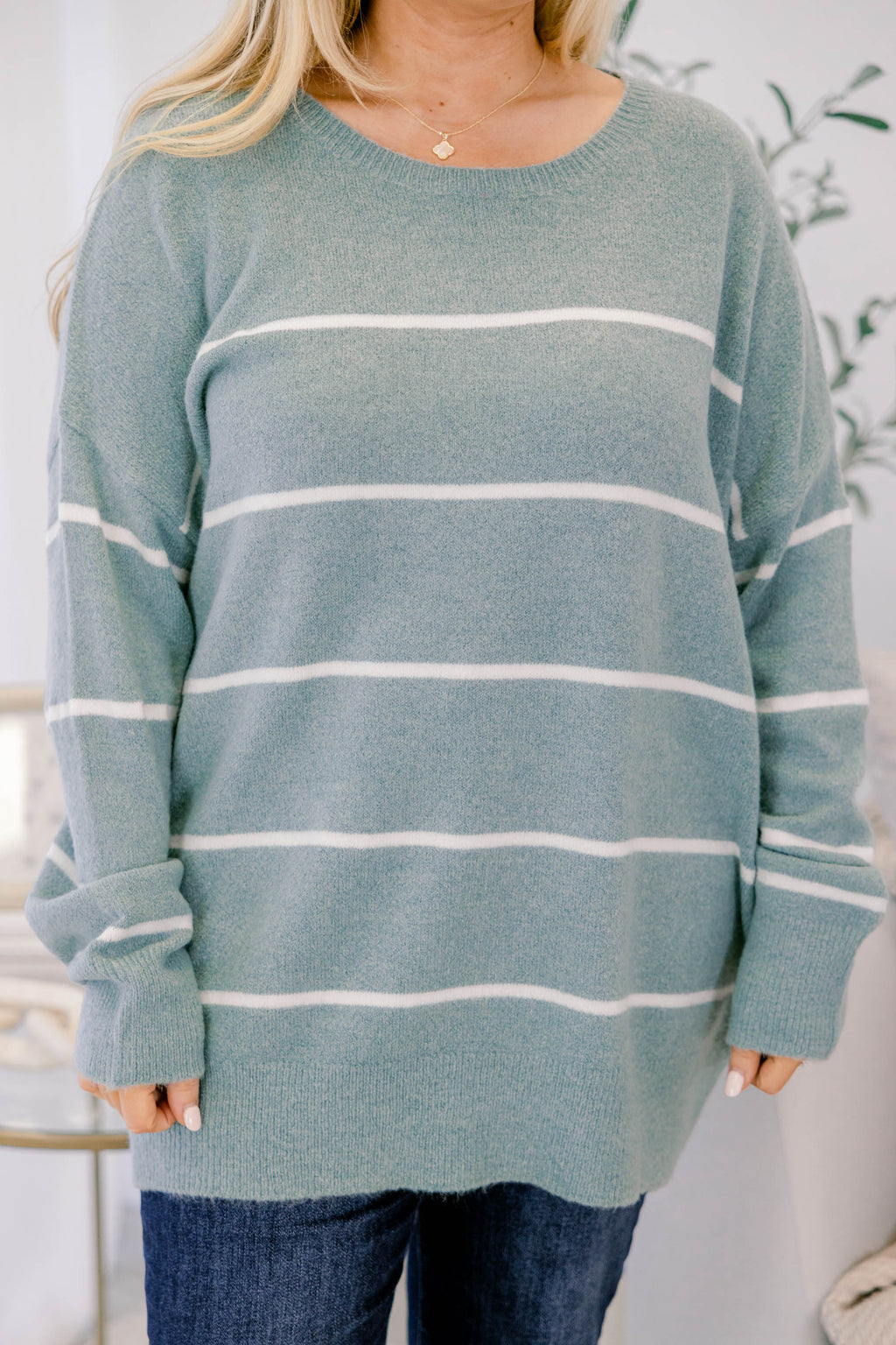 Slumber Party Sweater, Sage-White