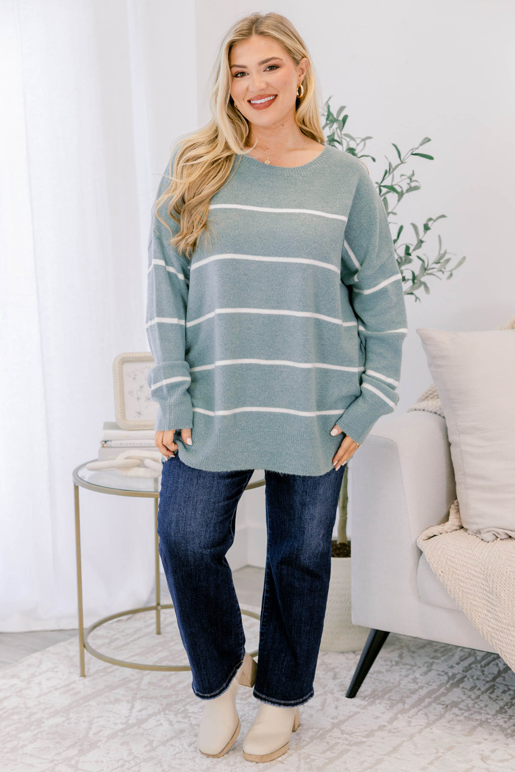 Slumber Party Sweater, Sage-White