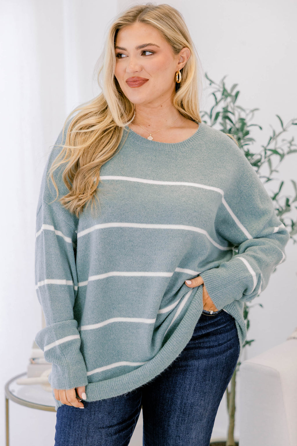 Slumber Party Sweater, Sage-White