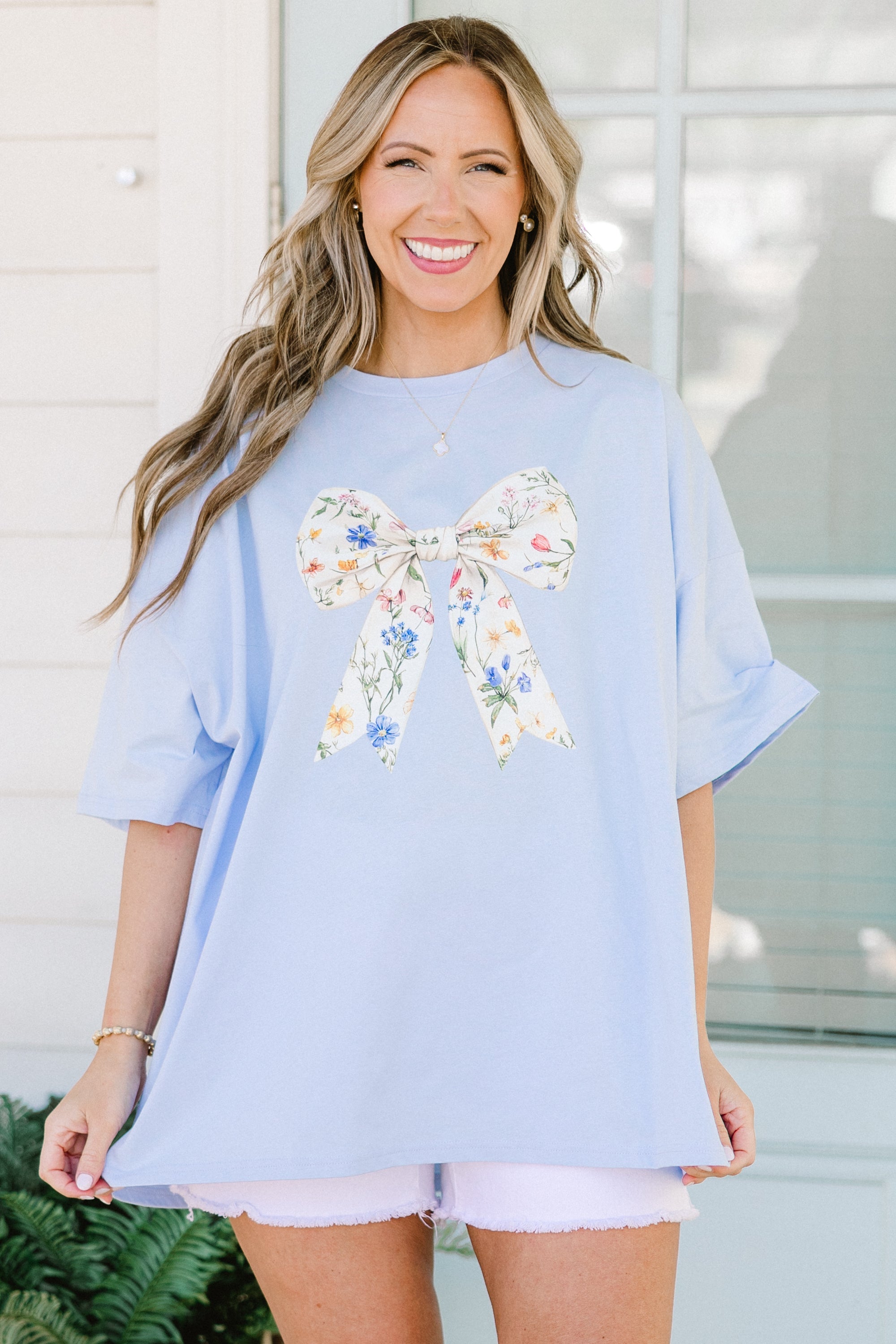 Spring Bows Boyfriend Tee, Ash Blue
