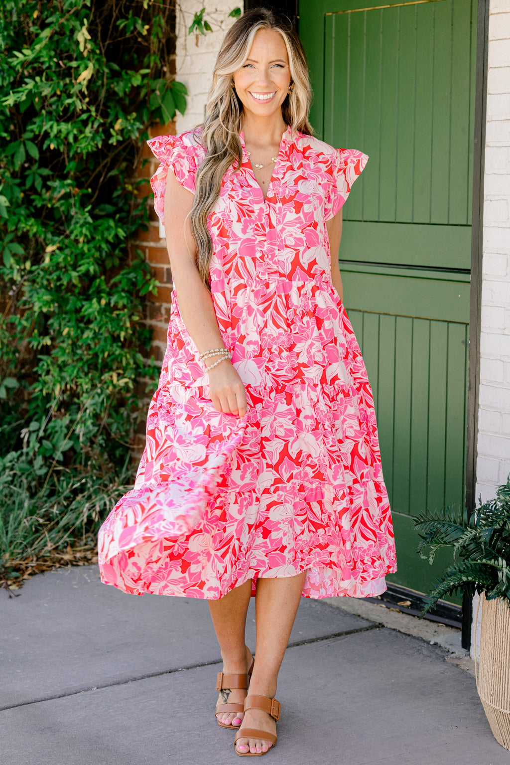 Springtime Splendor Midi Dress, Pink Tropical