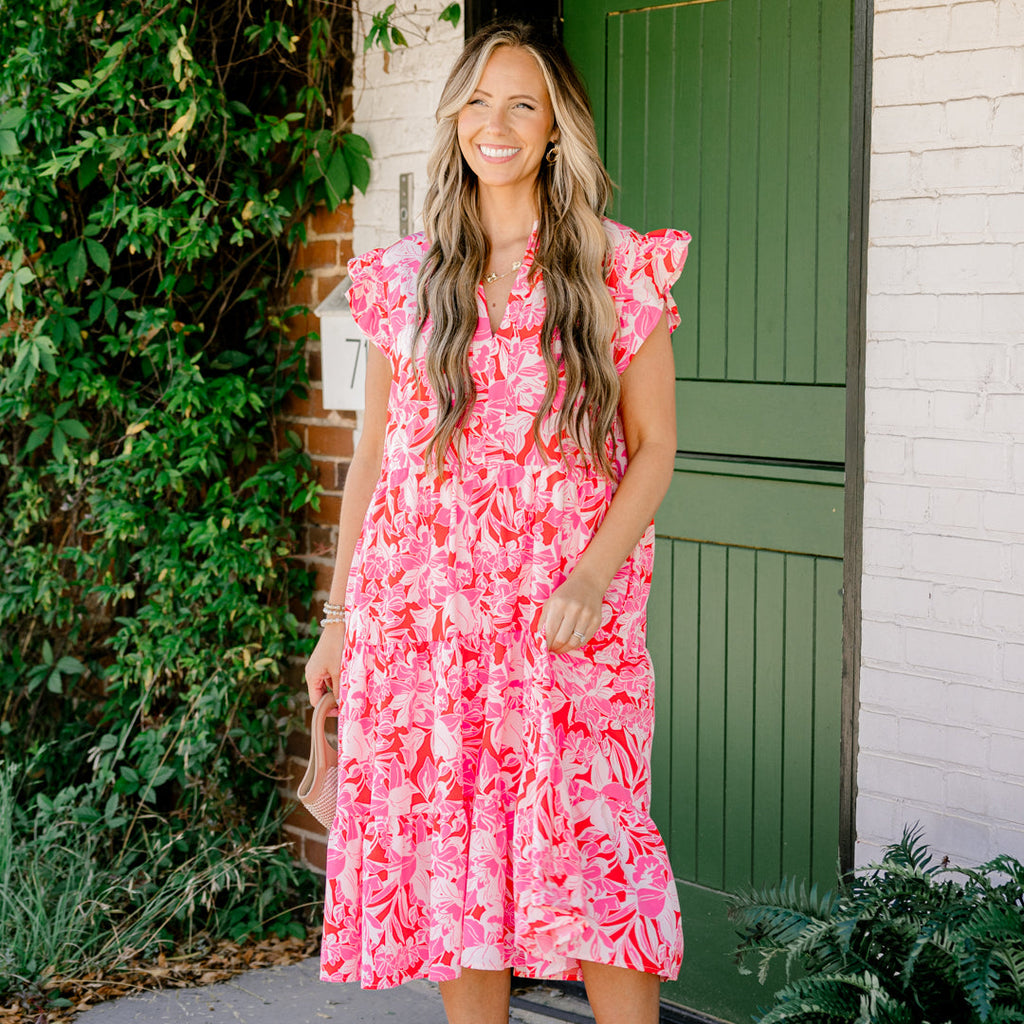 Springtime Splendor Midi Dress, Pink Tropical