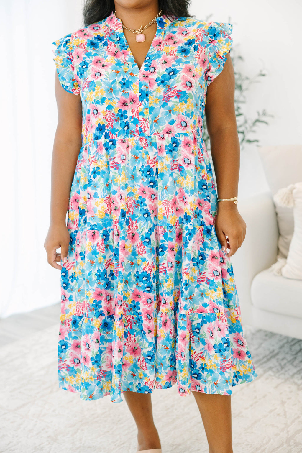 Springtime Splendor Midi Dress, Blue Floral