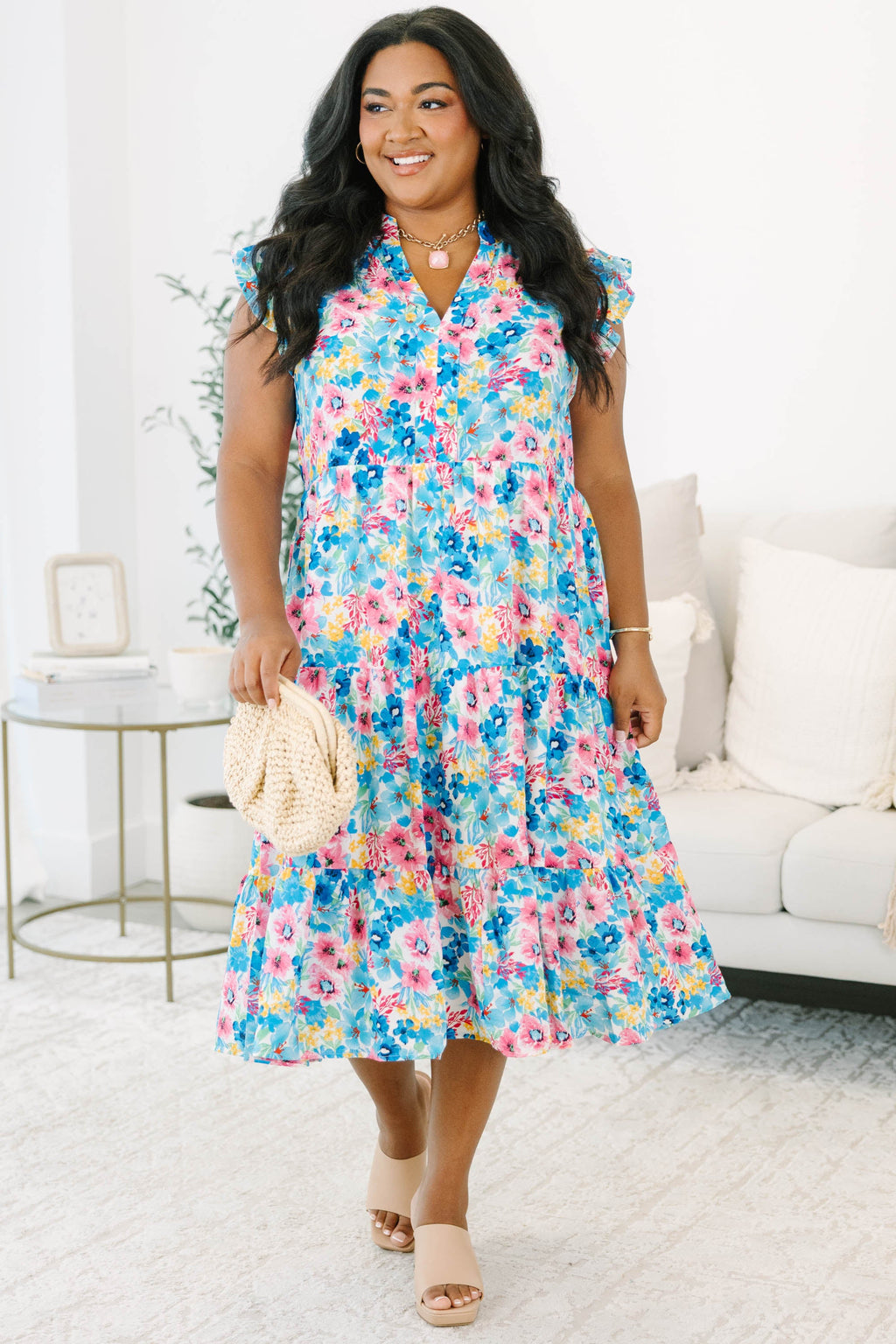 Springtime Splendor Midi Dress, Blue Floral