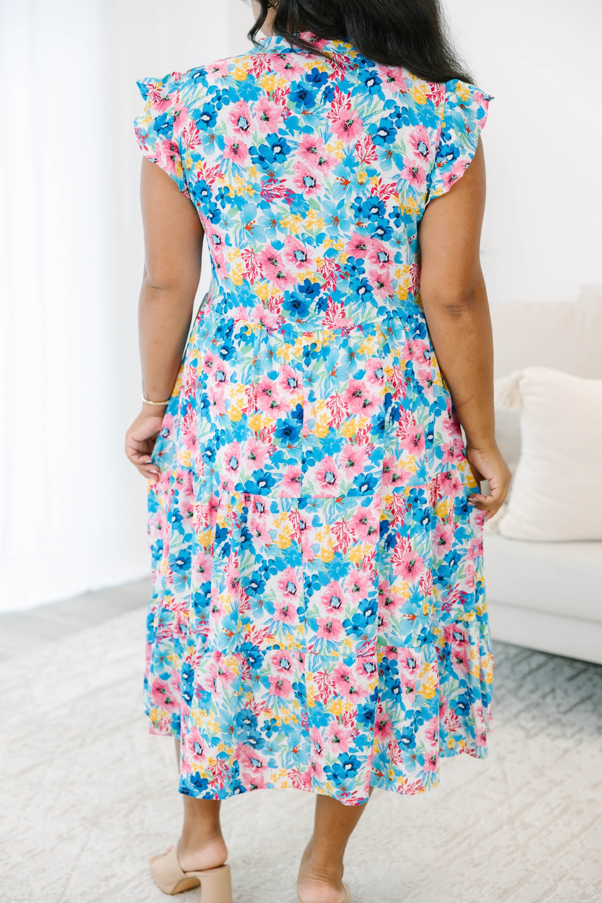 Springtime Splendor Midi Dress, Blue Floral