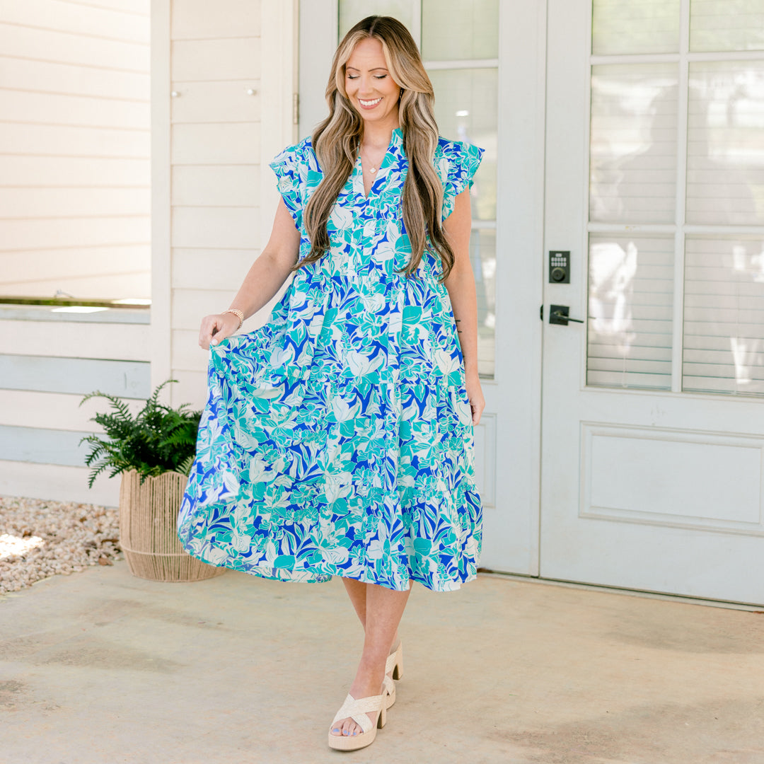 Springtime Splendor Midi Dress, Blue Tropical