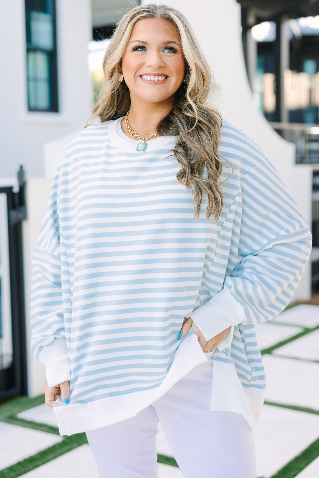 Sunset Glow Pullover, Blue Stripe