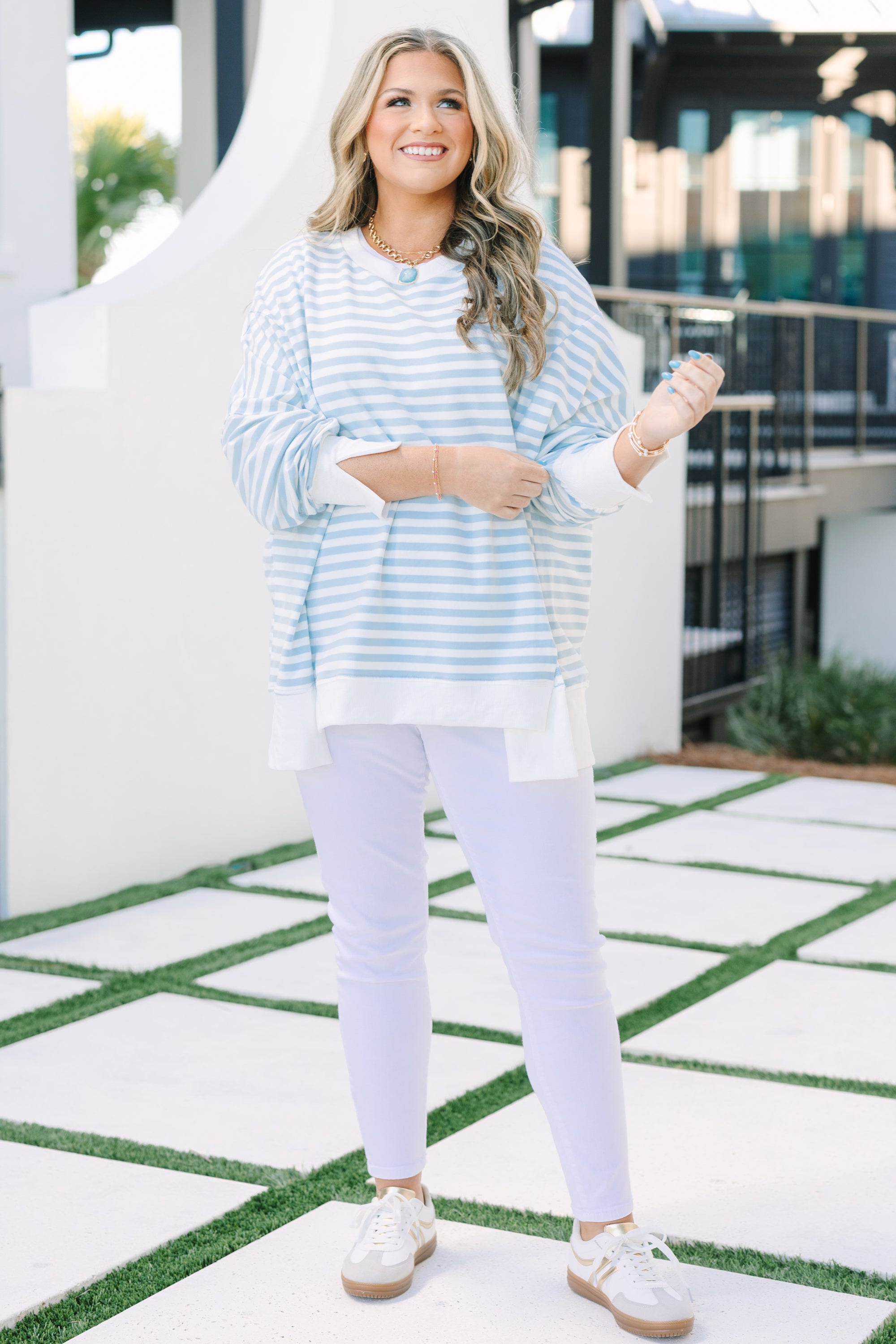 Sunset Glow Pullover, Blue Stripe