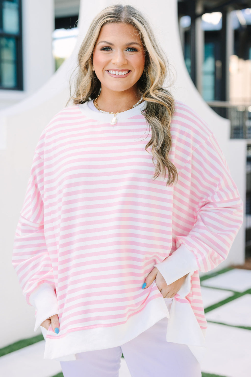Sunset Glow Pullover, Pink Stripe