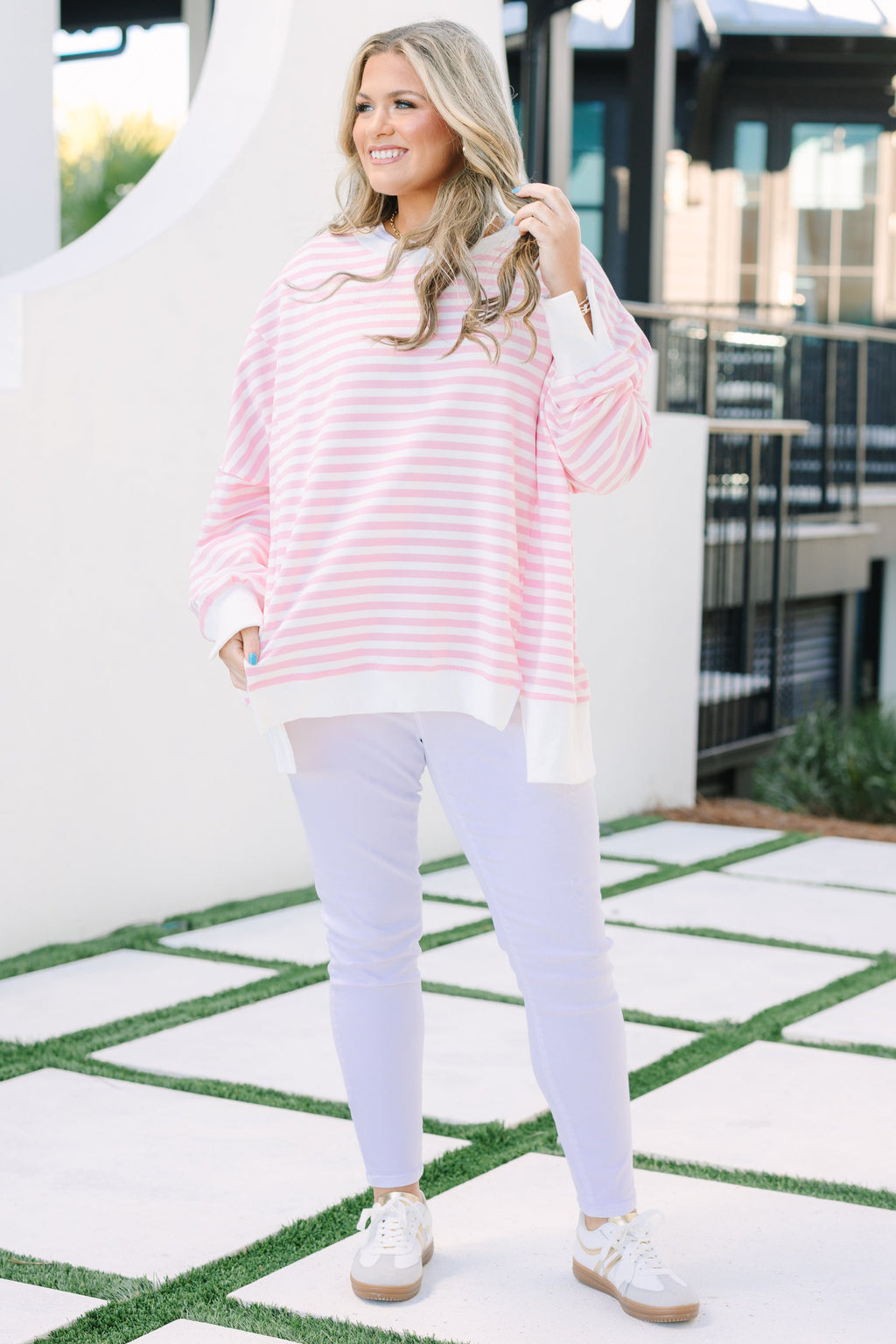 Sunset Glow Pullover, Pink Stripe
