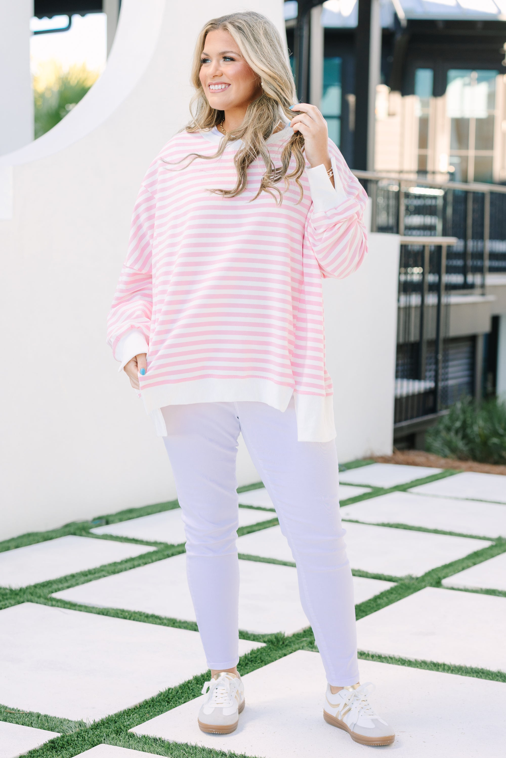 Sunset Glow Pullover, Pink Stripe