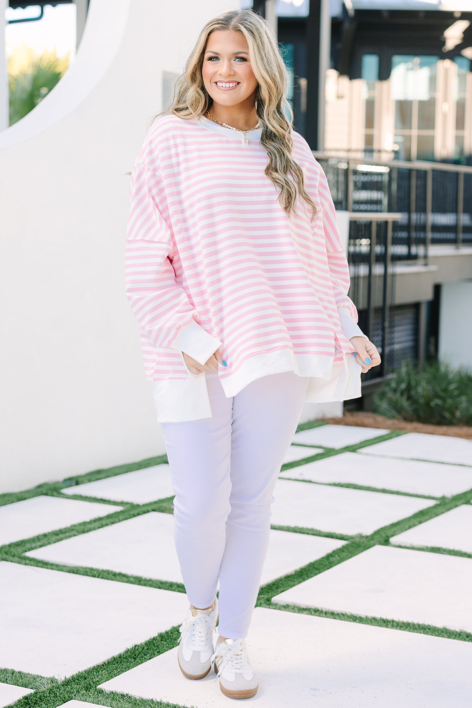 Sunset Glow Pullover, Pink Stripe