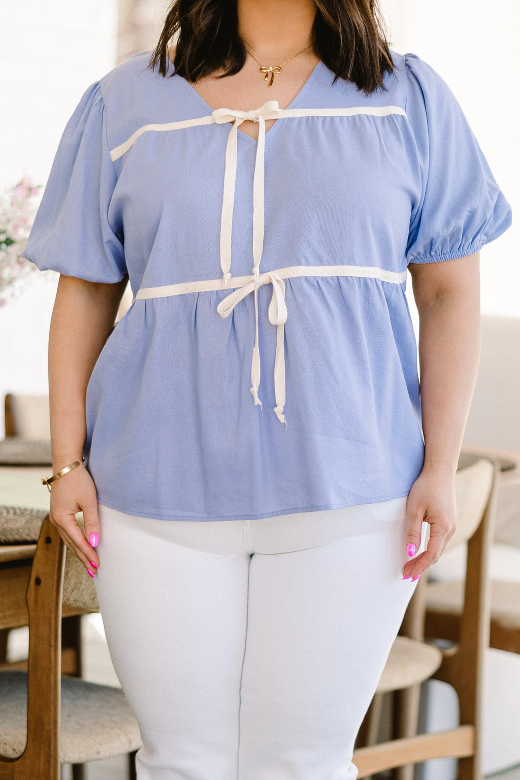 Sweet Bow Babydoll Top, Sky