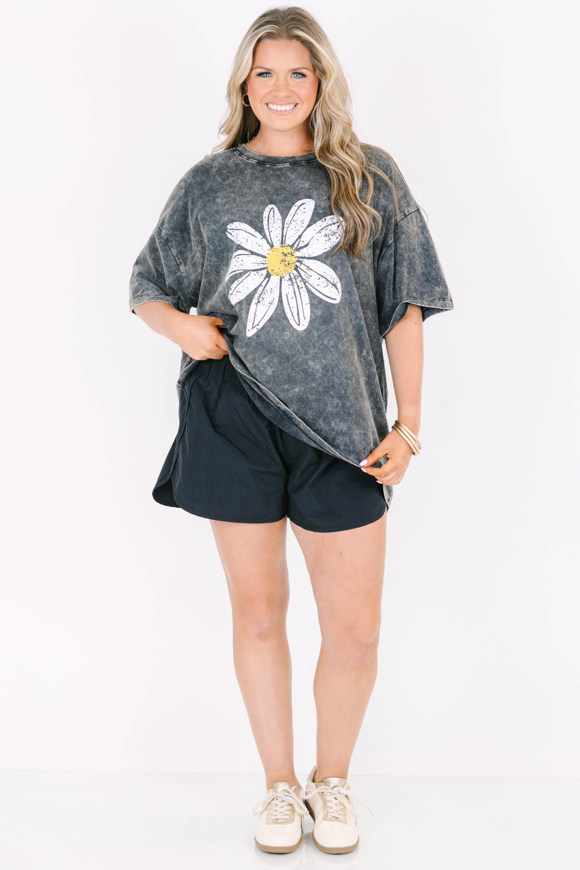Sweet Daisies Acid Wash Relaxed Tee, Black
