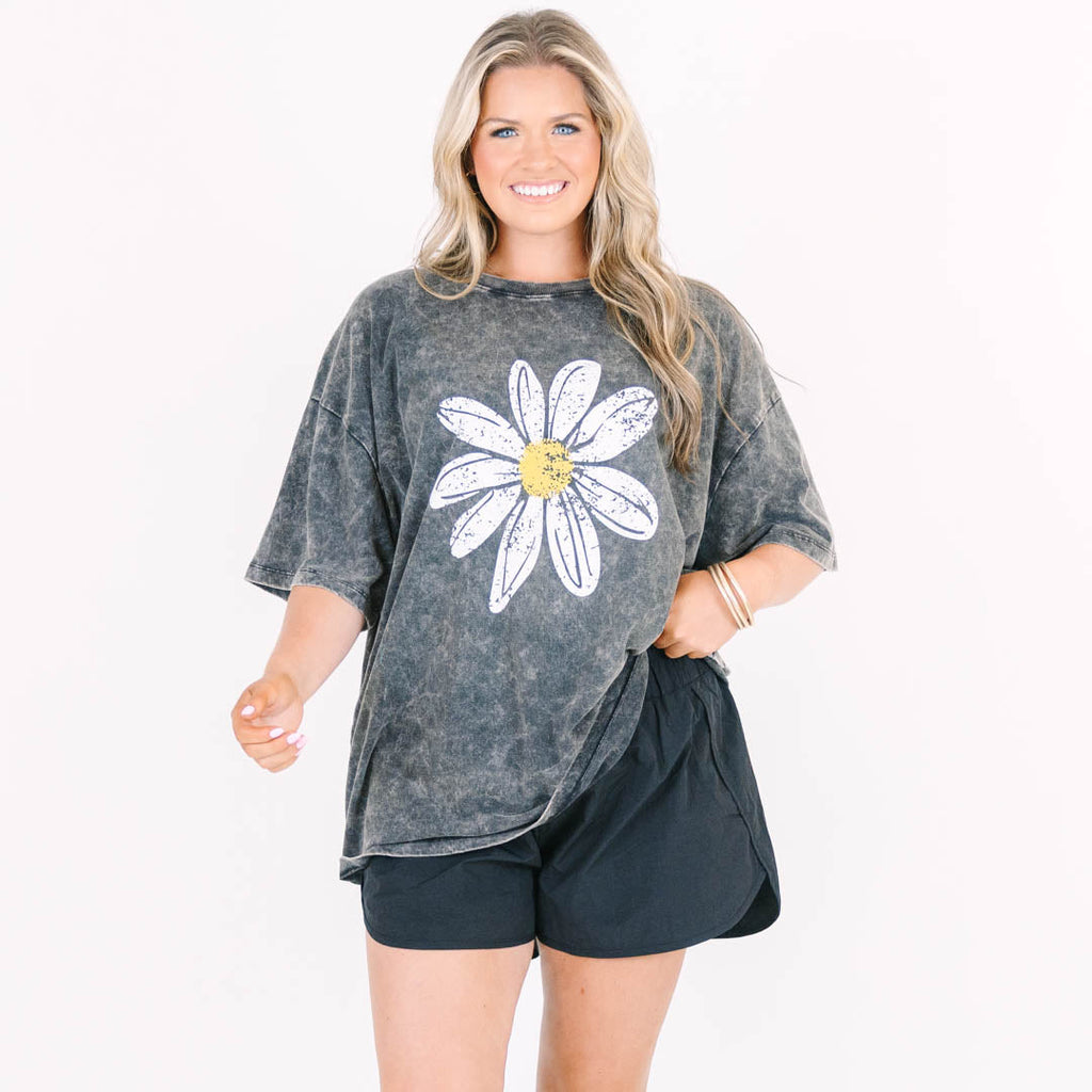 Sweet Daisies Acid Wash Relaxed Tee, Black