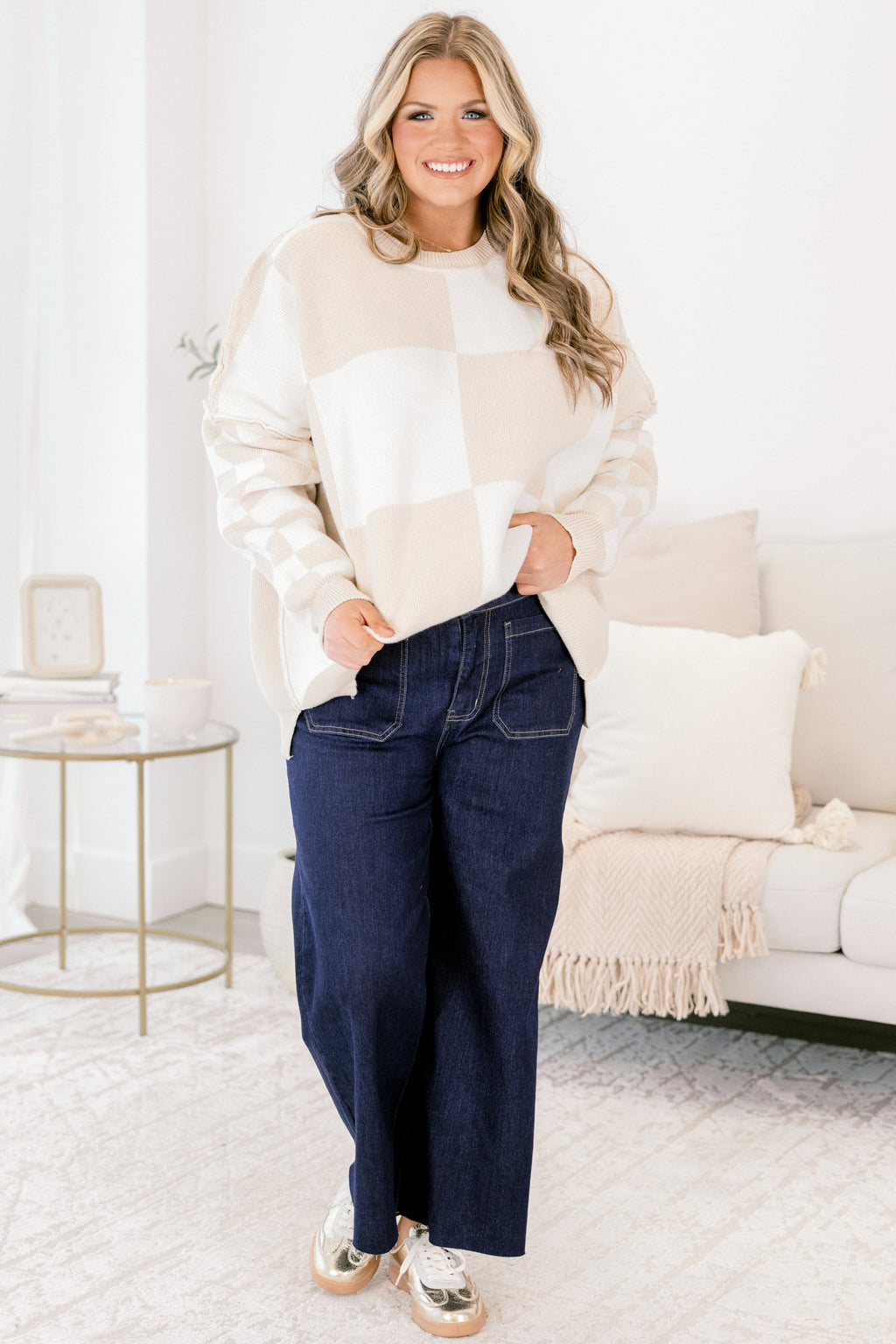 Take Another Chance Sweater, Taupe-White