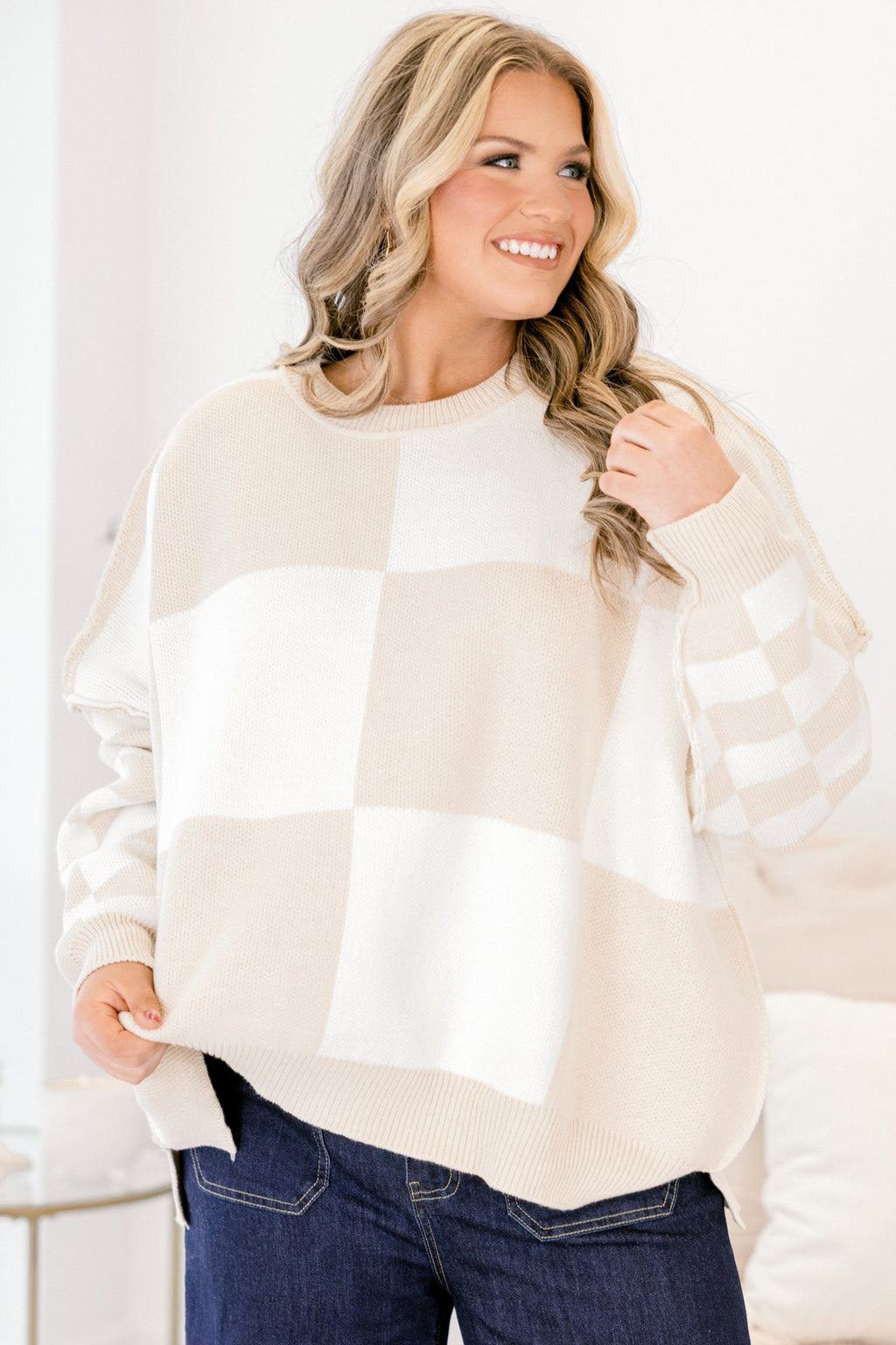 Take Another Chance Sweater, Taupe-White