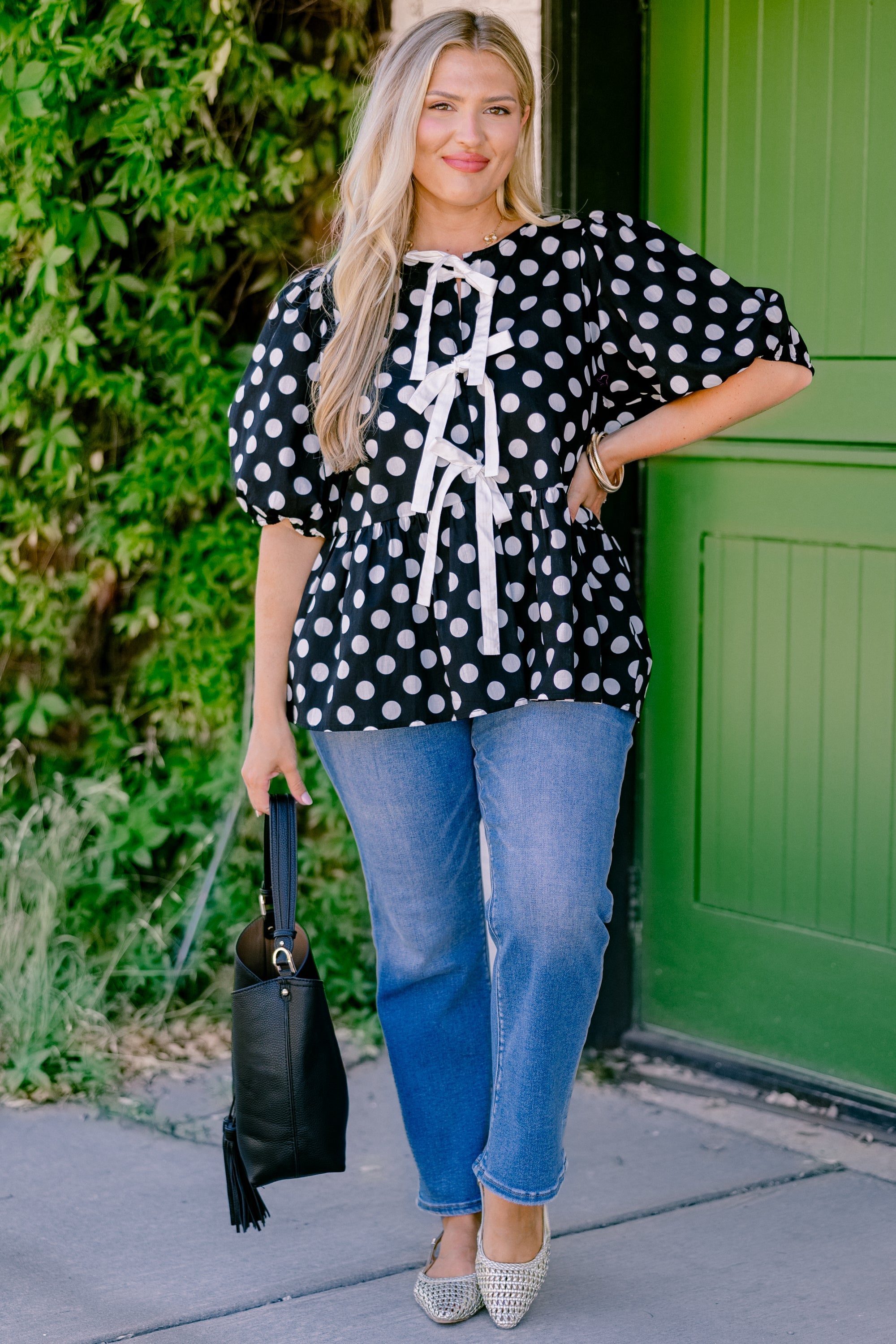 Take It Easy Now Top, Black Polka Dot