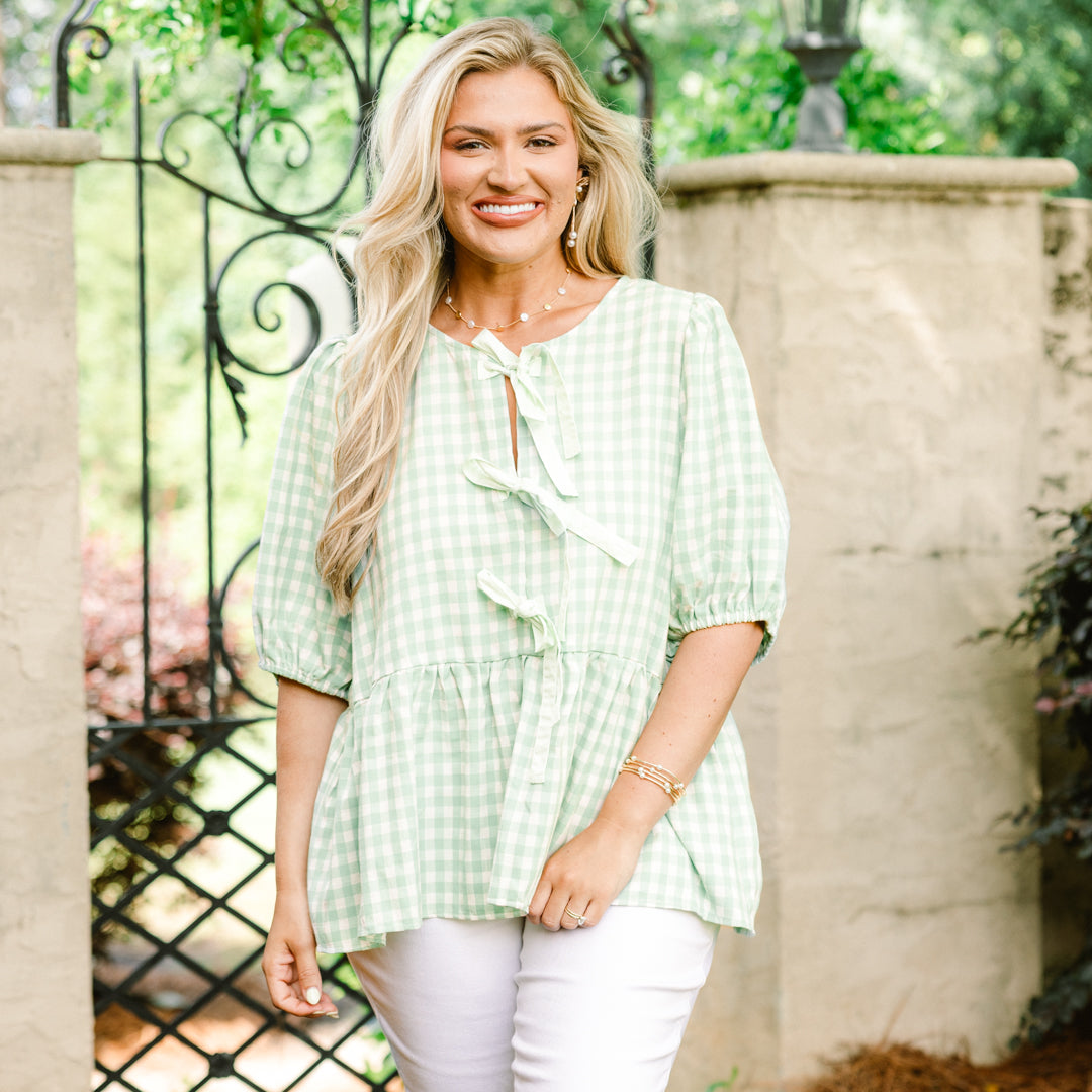 Take It Easy Now Top, Green Gingham
