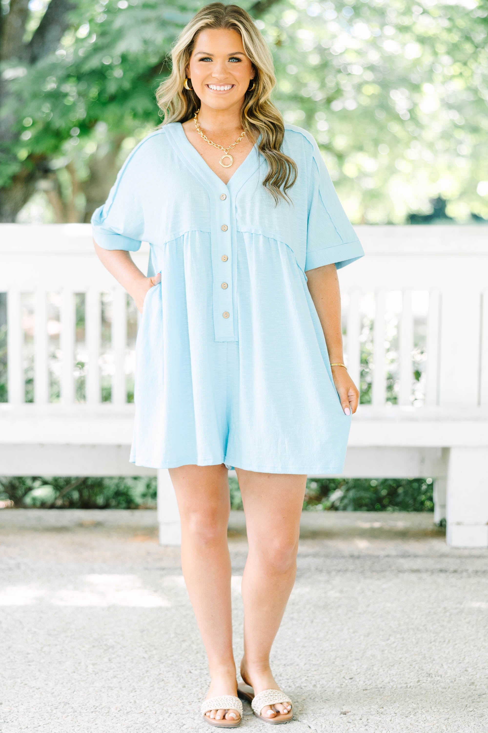 Throw On And Go Romper, Aqua