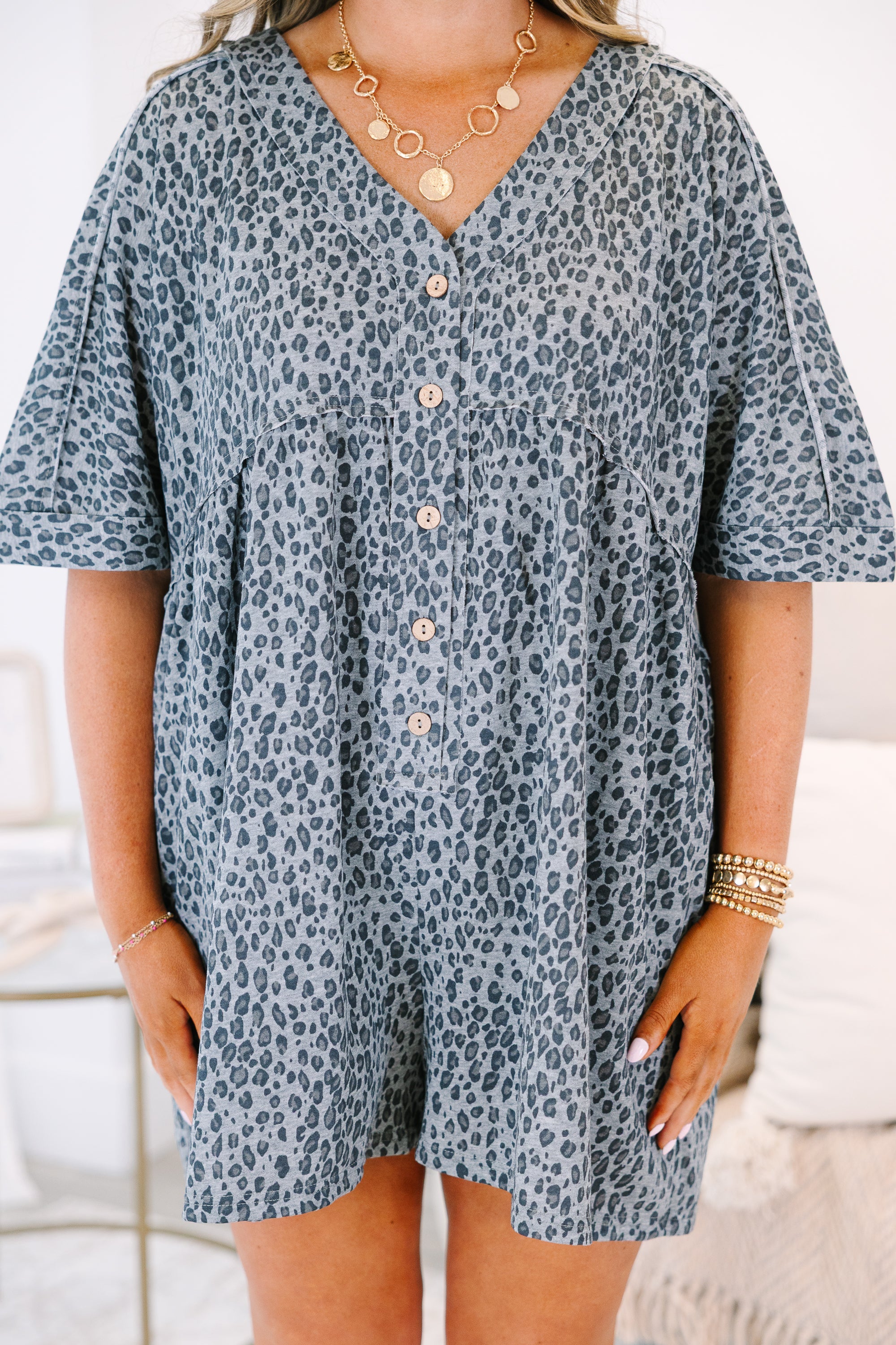 Throw On And Go Romper, Black Leopard