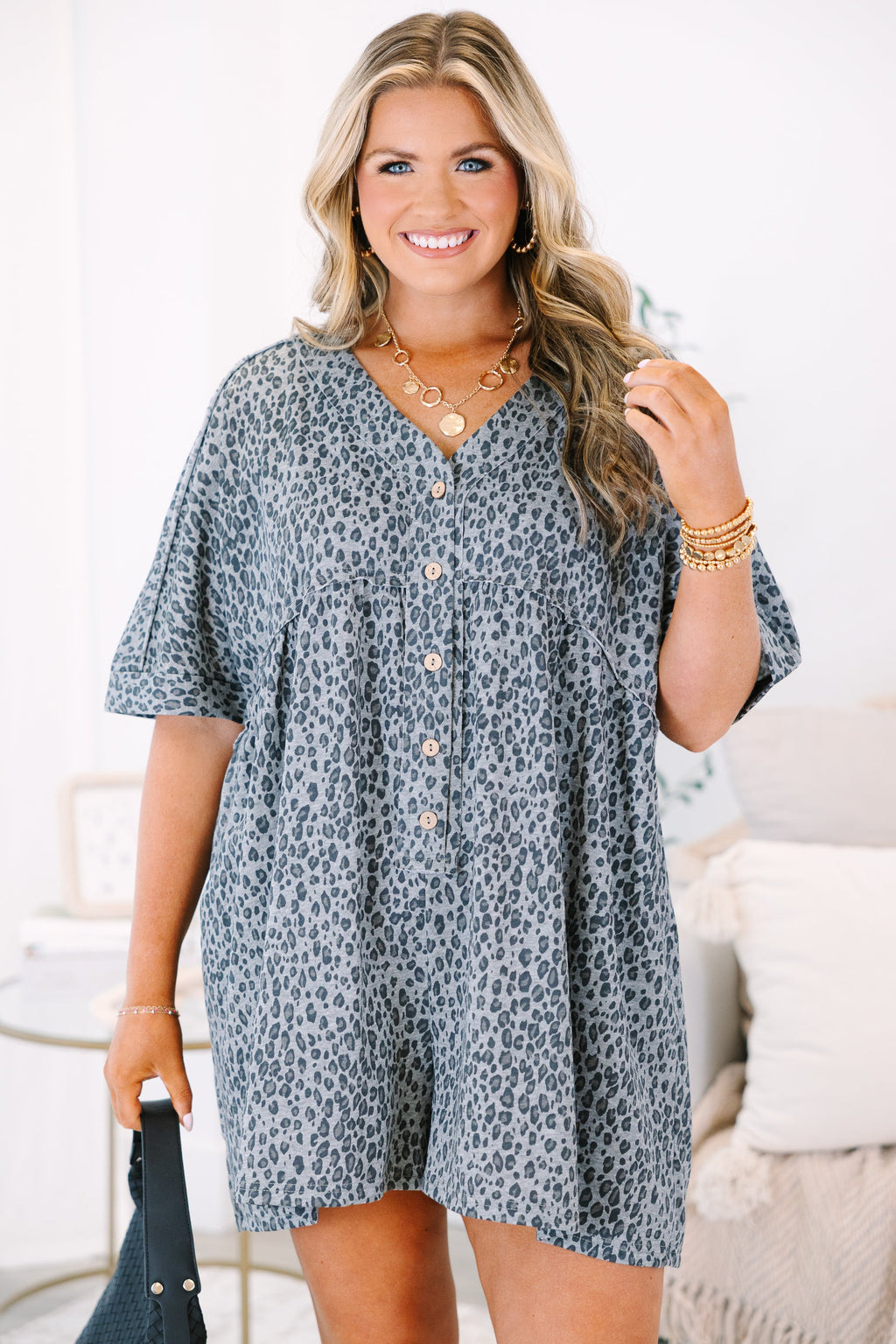 Throw On And Go Romper, Black Leopard