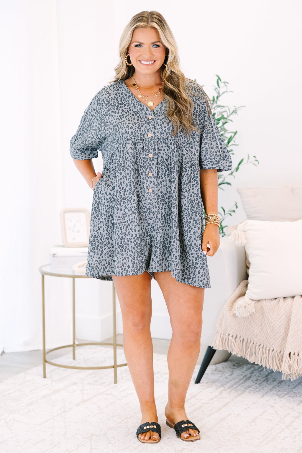 Throw On And Go Romper, Black Leopard
