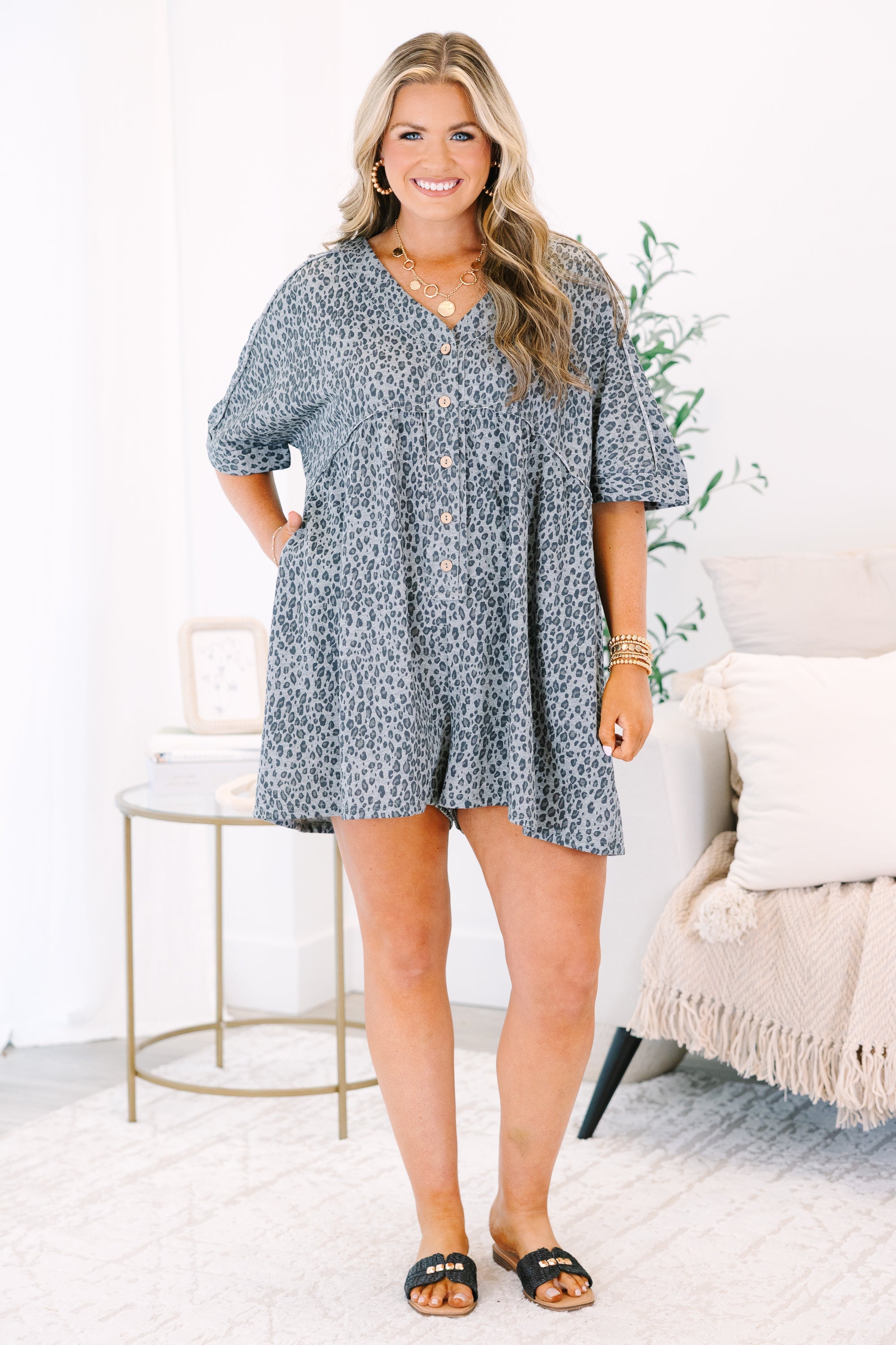 Throw On And Go Romper, Black Leopard