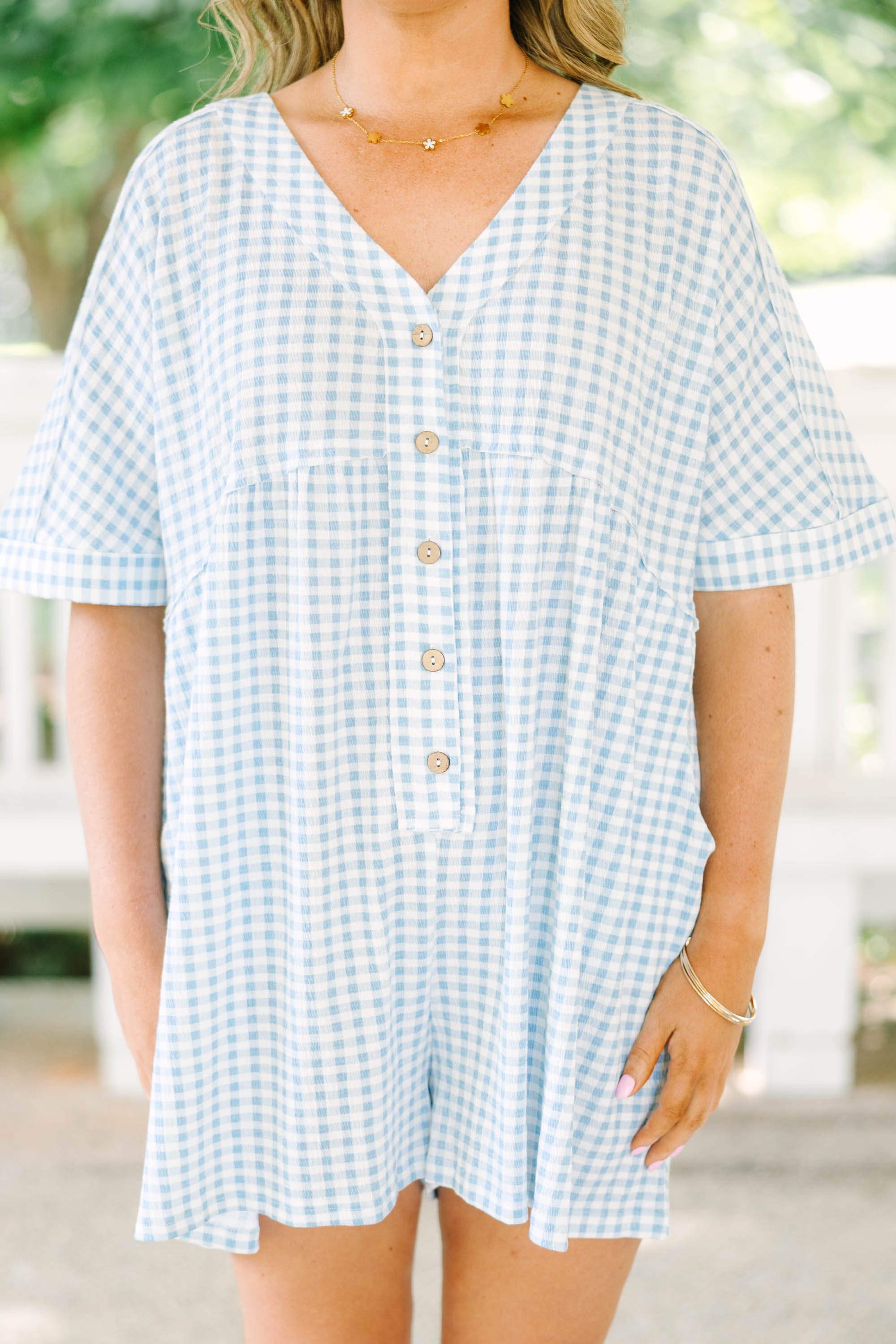 Throw On And Go Romper, Blue Gingham