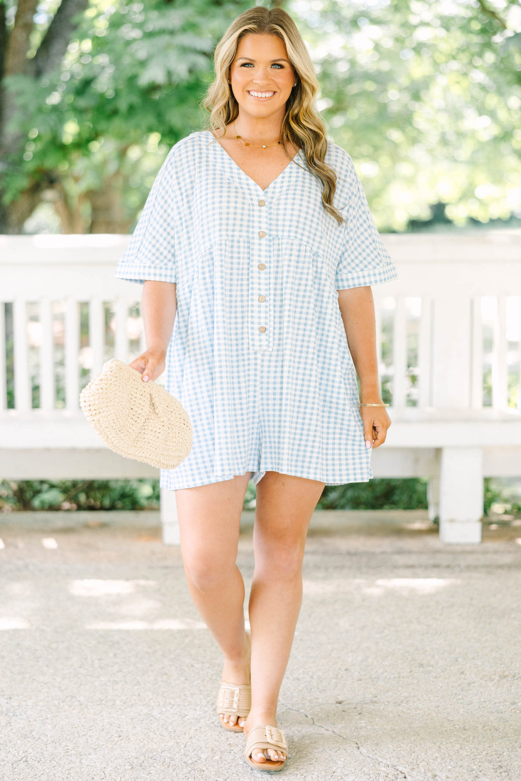 Throw On And Go Romper, Blue Gingham