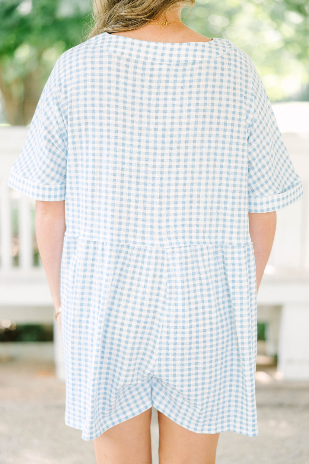 Throw On And Go Romper, Blue Gingham