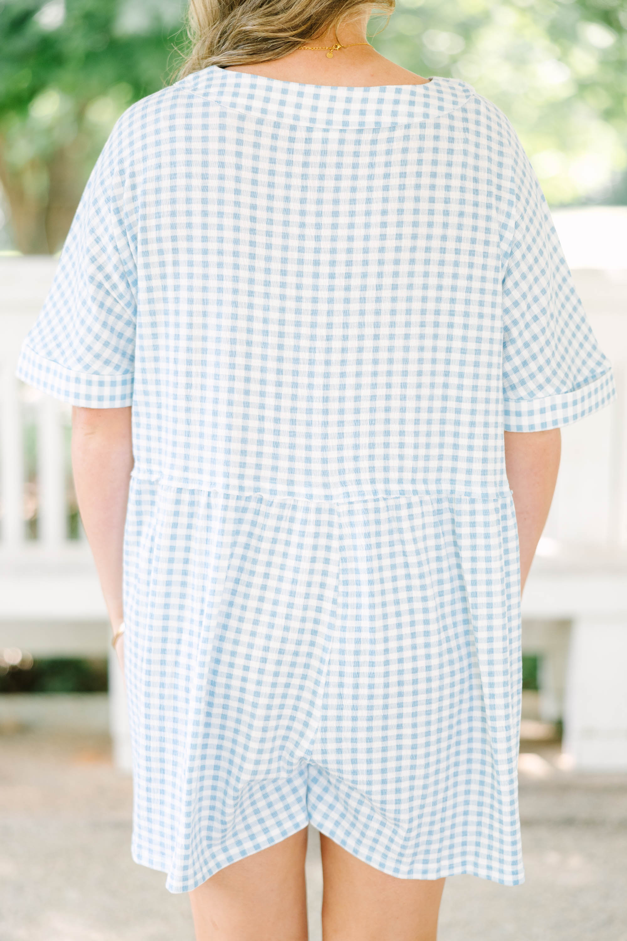 Throw On And Go Romper, Blue Gingham