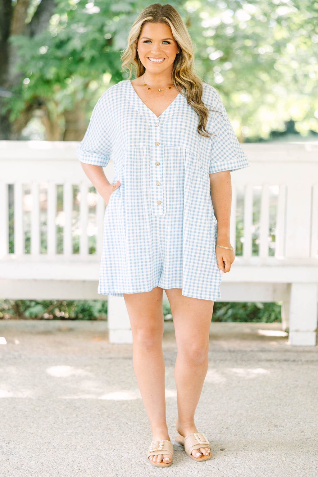Throw On And Go Romper, Blue Gingham