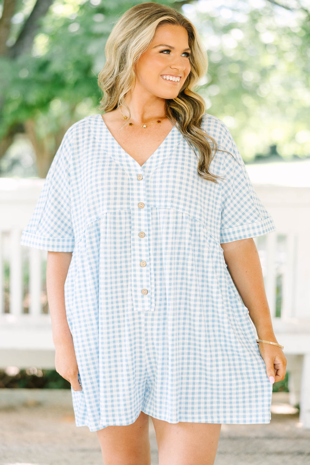Throw On And Go Romper, Blue Gingham