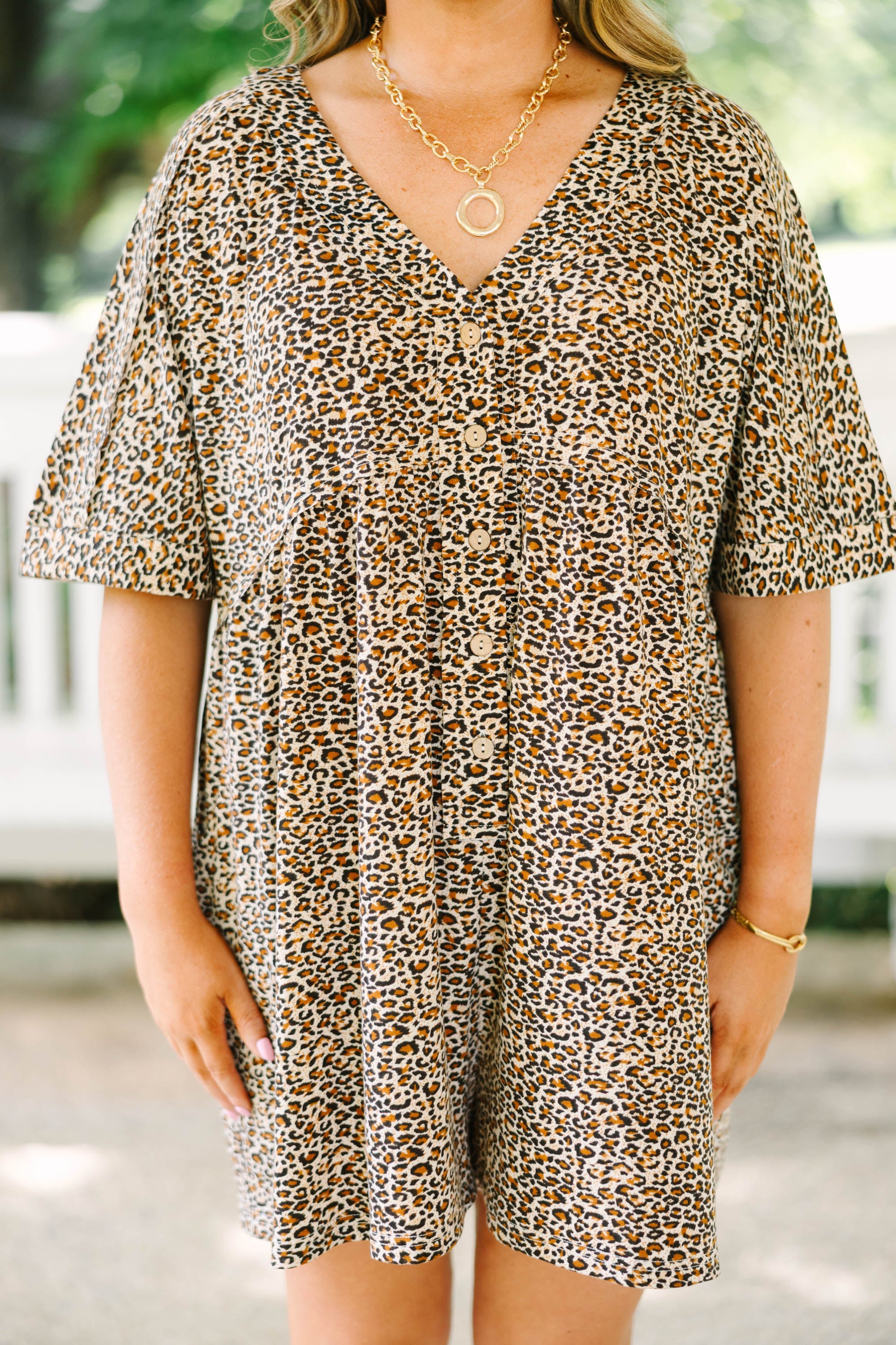 Throw On And Go Romper, Brown Leopard