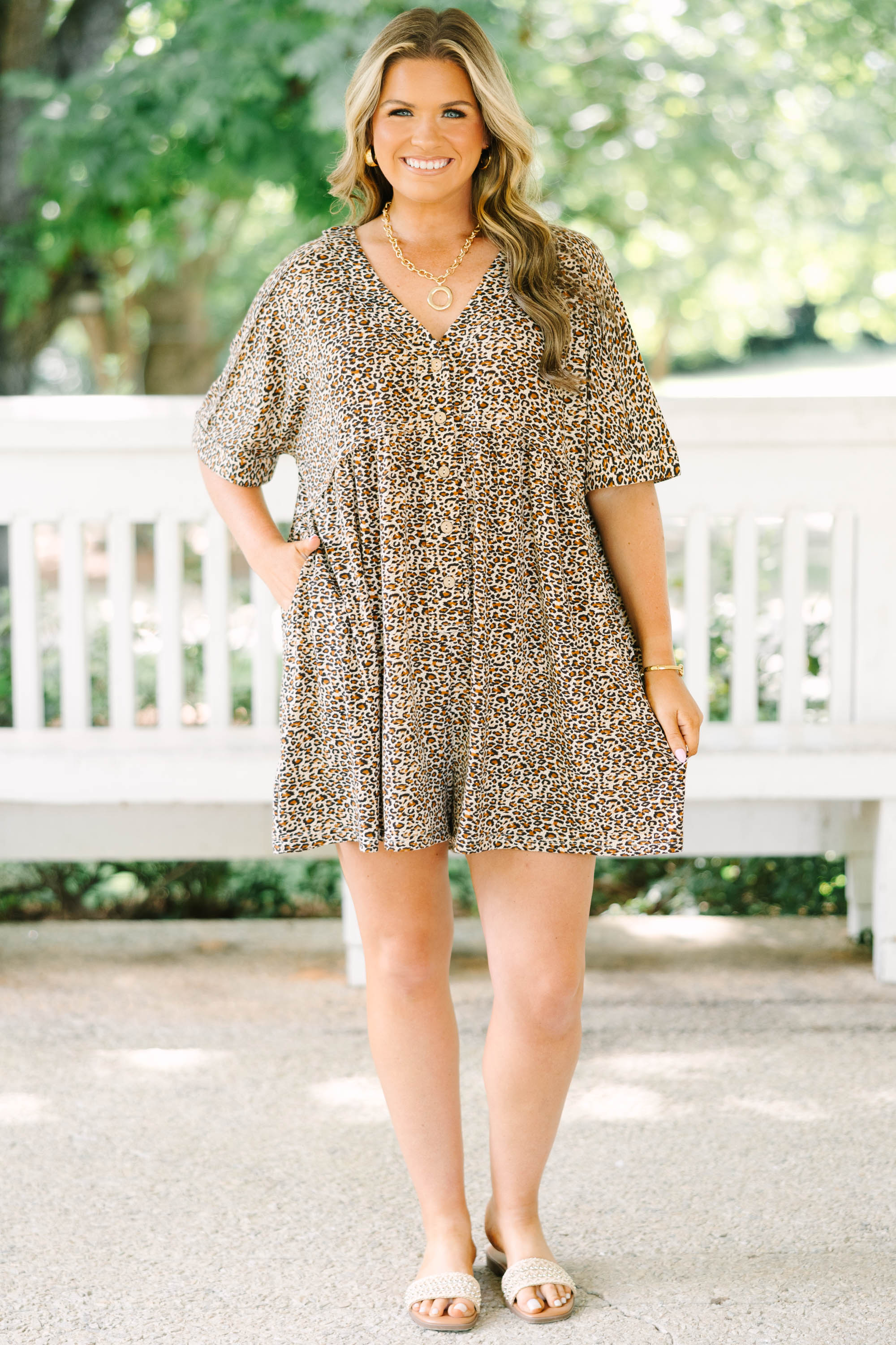 Throw On And Go Romper, Brown Leopard